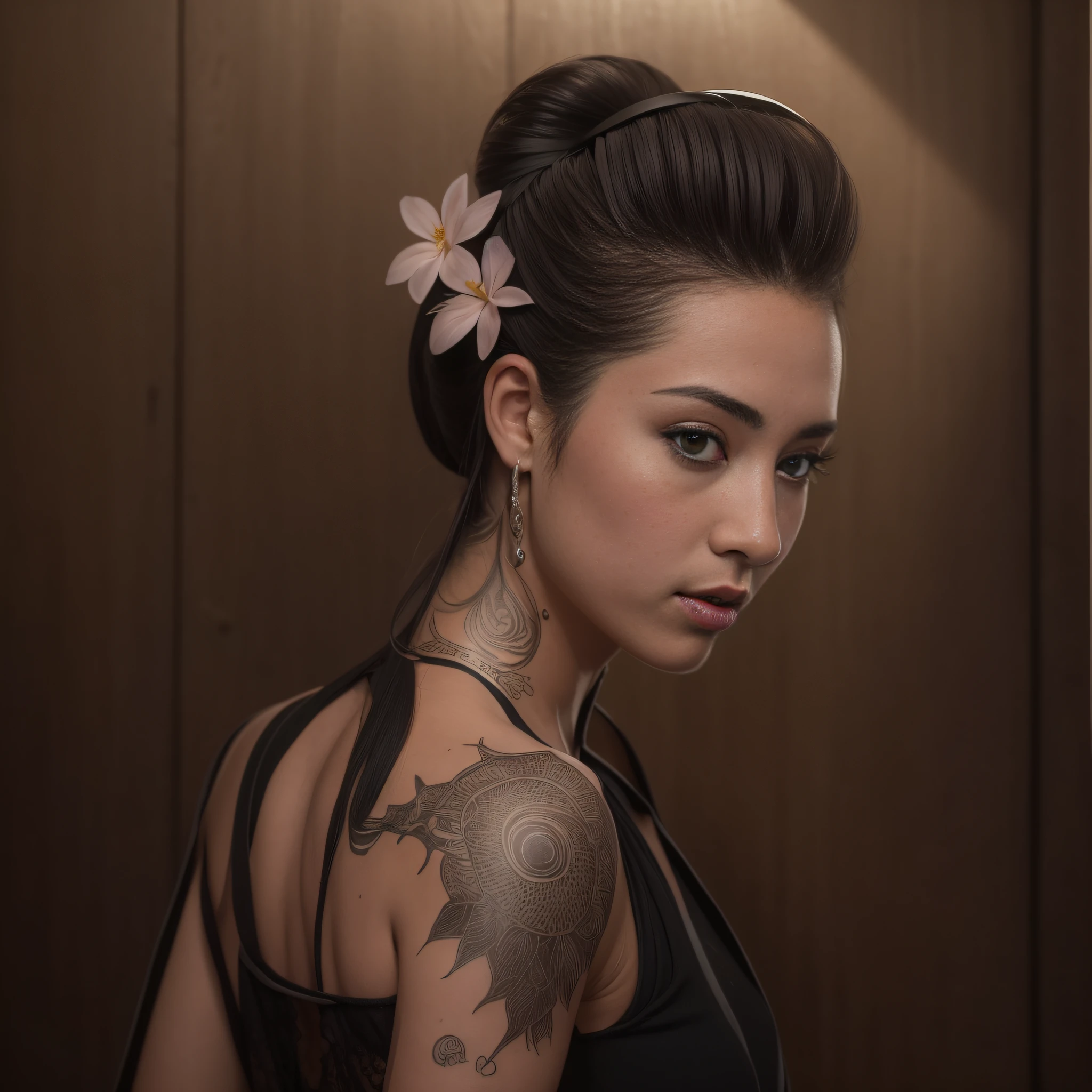 Woman with a dragon tattoo and a flower in her hair, a beautiful artwork illustration, Retrato de uma gueixa bonita, in illustration style digital, Retrato da gueixa, stunning digital illustration, gueixa glamourosa e sexy, Retrato de uma gueixa, Gueixa da beleza, rob rey and kentarõ miura style, gueixa.