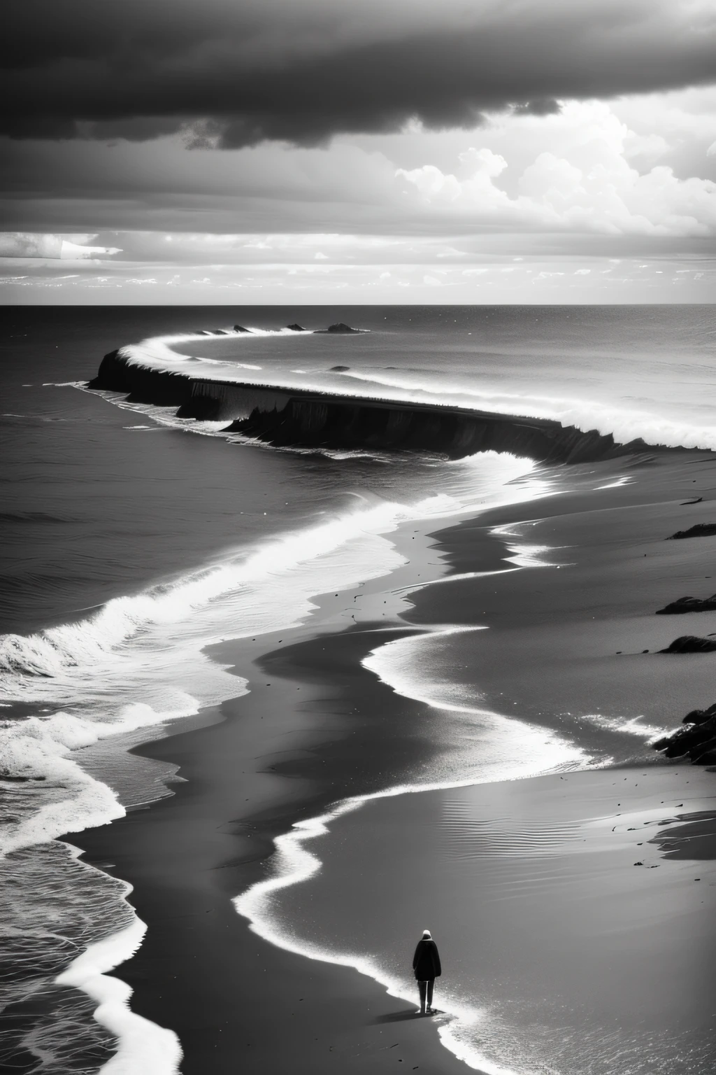 greys，Mono Color，People stand by the sea，beachside，Sky black clouds，salama，precipice，dark cloude，first person