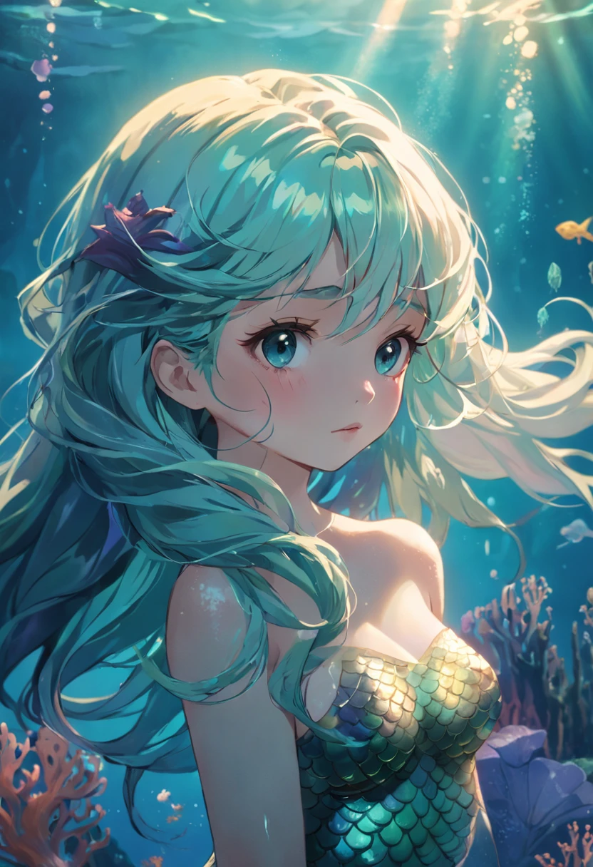 mermaids，The face is delicate，Delicate colored hair，Gorgeous Light and Shadows，elegant，dingdall effect，schoolgirls