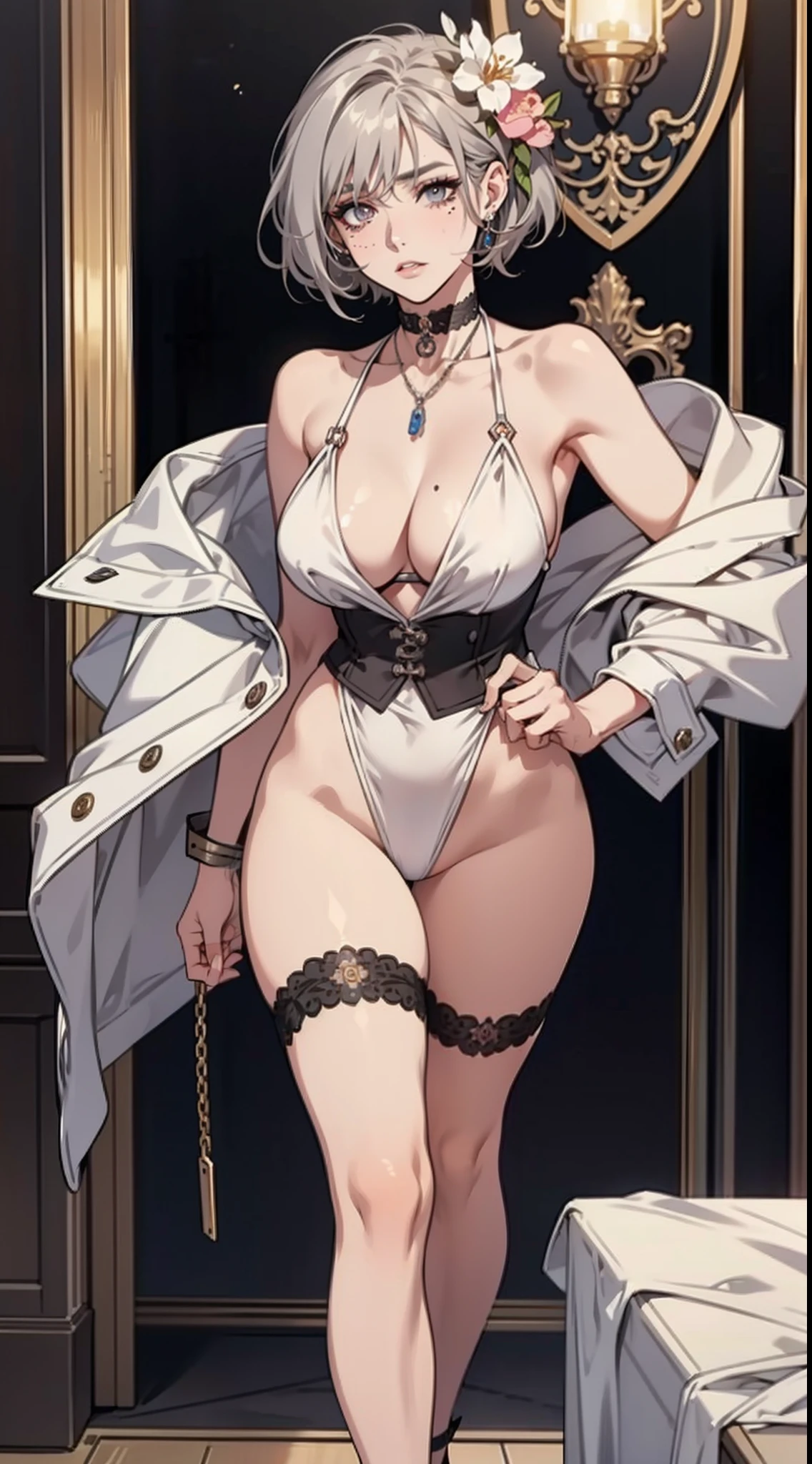 Competent professional women，workplace elite，Short ear-length hair，Heavy makeup，Smoky makeup，Peach blossom eyes，Moles in the corners of the eyes，耳Nipple Ring，choker necklace，There are moles at the corners of the mouth，very vey very detailed face，Delicate and delicate facial features，light gray suit，sandals，Thick pubic hair，Pubic hair is exuberant，Lots of pubic hair，Thick pubic hair，Strong body hair，A foreign body is inserted into the，Wear handcuffs and leg irons，binding，Chained，Tie up