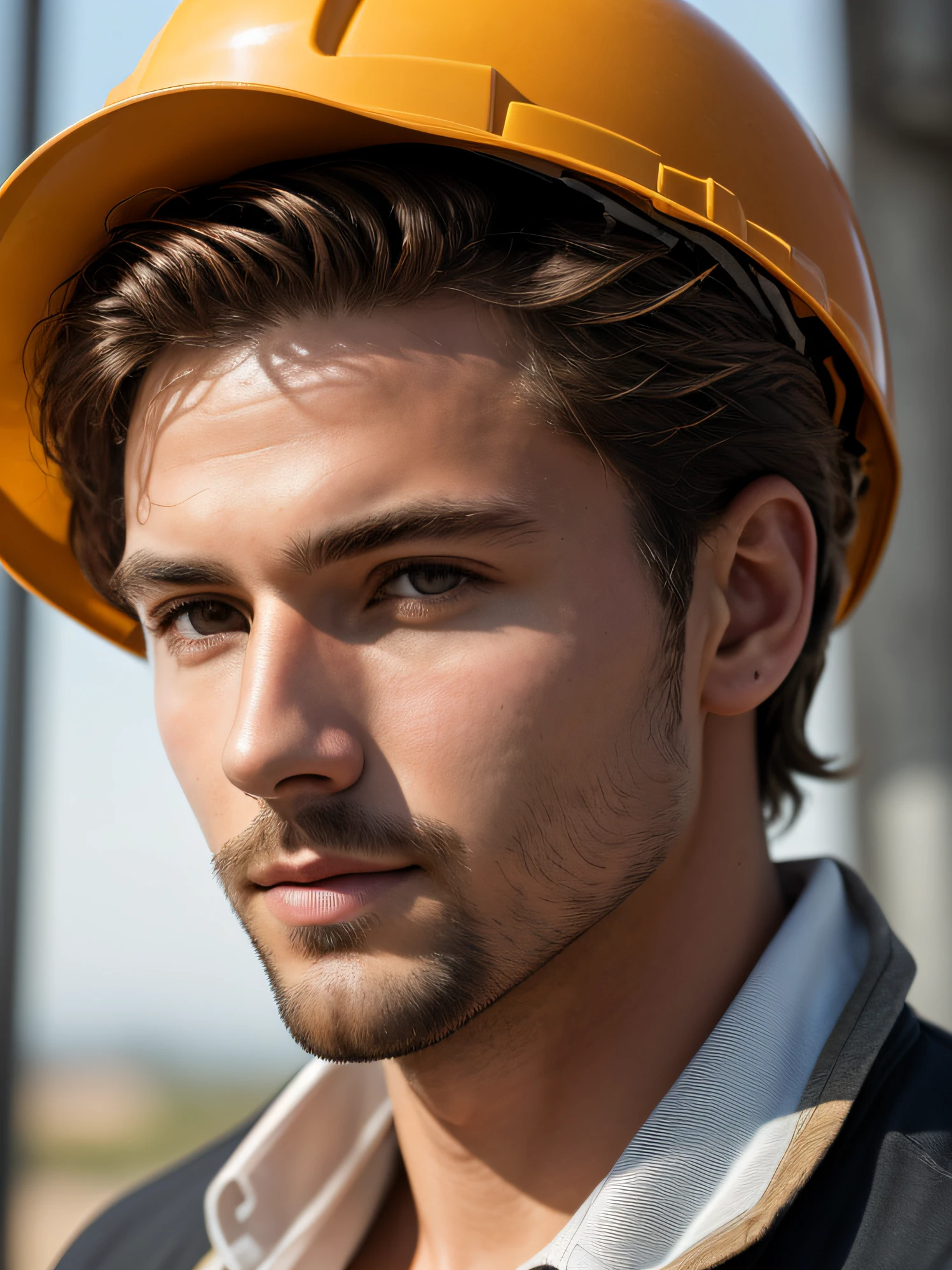 masterpiece, highest quality, RAW, style, A stunning half-body portrait of an extremely handsome man, messy light brown hair, pale skin, vibrant honey eyes, wearing a brown a hard hat, blue T-shirt, installing solar panels, deep focused expression, (highly detailed skin, skin details), sharp focus, 8k UHD, DSLR, high quality, film grain, Fujifilm XT3, intricate details, highly detailed, cluttered and detailed construction background Waiting to start