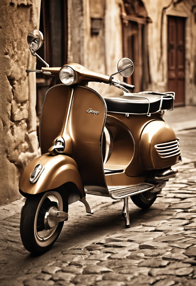 Create sepia-toned vintage-style photos on an Italian Vespa scooter elegantly parked on cobblestone streets. The Vespa should be a classic model with curves and elegant details. The scene should capture the essence of a traditional Italian street, Charming buildings and relaxed atmosphere. Lighting should reflect the warm tones of the golden hour, Soft shadows and nostalgic atmosphere. The overall composition should evoke a sense of timelessness, Ephemeral beauty..