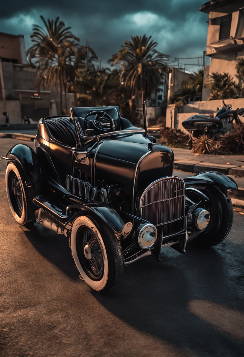 carro com motor v8 preto estilo do batman com motor traseiro aparente e todo preto