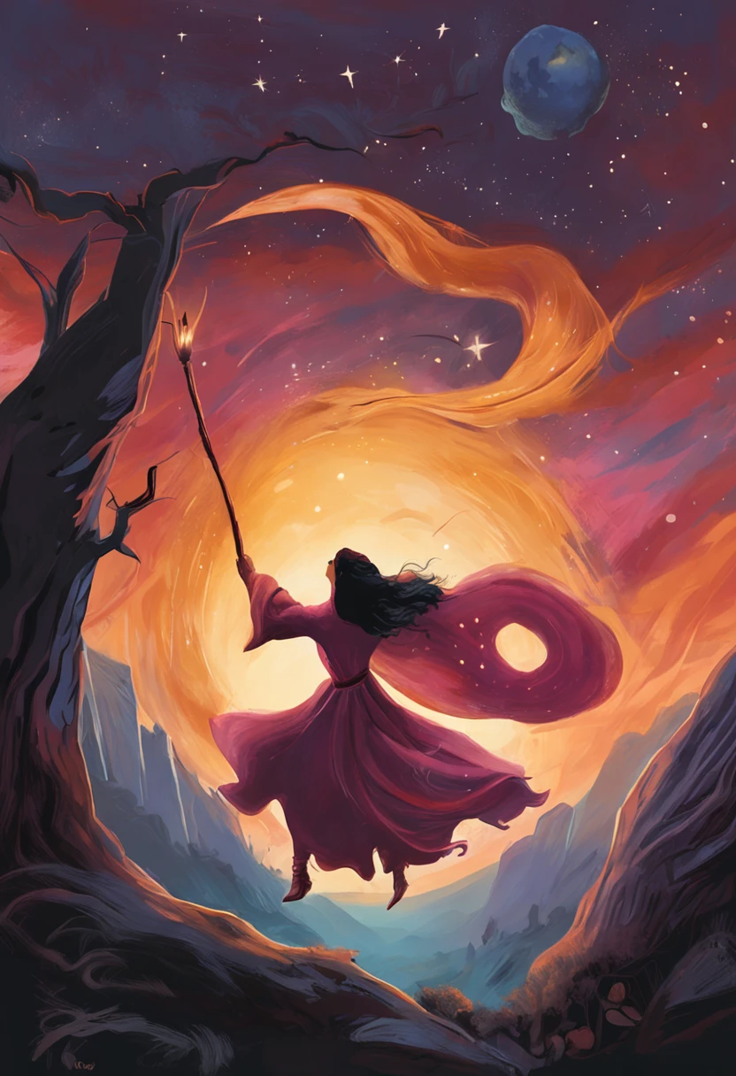 masterpiece, best quality, ultra-detailed, illustration, 1girl, solo, fantasy, flying, broom, night sky, outdoors, magic, spells, moon, stars, clouds, wind, hair, cape, hat, boots, broomstick, glowing, mysterious, enchanting, whimsical, playful, adventurous, freedom, wonder, imagination, determination, skill, speed, movement, energy, realism, naturalistic, figurative, representational, beauty, fantasy culture, mythology, fairy tales, folklore, legends, witches, wizards, magical creatures, fantasy worlds, composition, scale, foreground, middle ground, background, perspective, light, color, texture, detail, beauty, wonder.