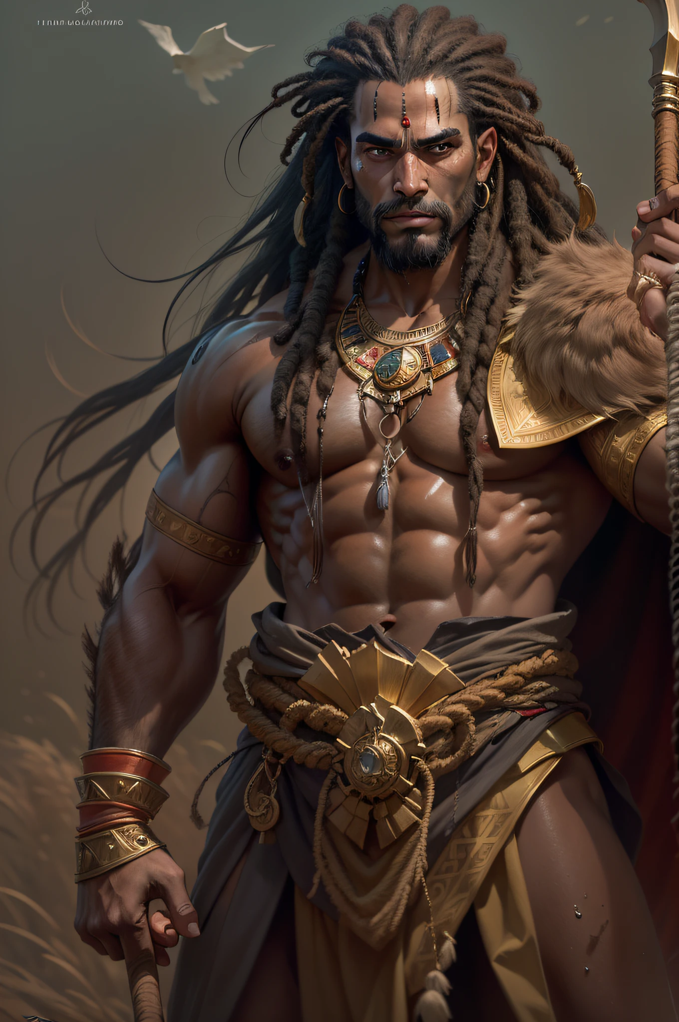 muloto, dark copper skinned, rastafarian man with a long beard, and a long crook blade staff enfluenced by shepherds crook staff in his hand that is longer than his body, dreadlock hair, dravidian rastafarian half breed, cryptoShepherd as barbarian, conan, picture of an adult male warrior, male warrior, egyptian samuri warrior, male barbarian, barbarian warrior, barbarian, tarzan, hybrid from dynasty warriror, barbarian class, cloaked upper body, ancient crook staff in hand, "In the annals of time, a muloto dravidian egyptian samuri dreadlocked warrior of immense strength stands out, draped in ornate gold attire that reflects his status as a true champion. Describe his untamed, wet appearance after a fierce clash, his wild long hair, his unmistakably furious expression, and the aura of heroism that surrounds his commanding stance."trend at CGSociety, Intricate, High Detail, Sharp Focus, Dramatic and Photorealistic Painting Art by Midjourney and Greg Rutkowski as he shepherds the lost, legs revealed from thighs to feet, cascading long dreadlocks influenced by Thomas Sackmann of artstation, Ripped hero, intricate muscular details, photorealistic artwork, 4K resolution