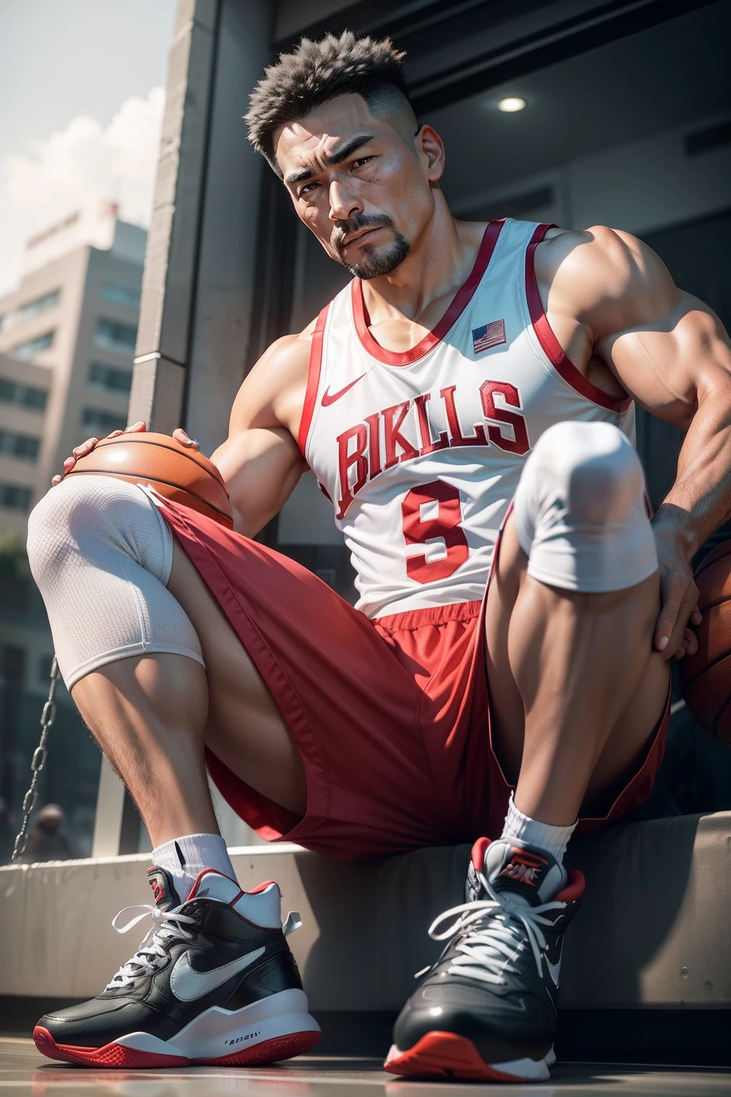 50-year-old middle-aged man,Man,grampa,Height 195,Asian people,sitting in the couch,God perspective,The eyes are about to face each other,Chinese men,musculature,Lift one foot,Wearing a gray red Nike basketball vest,Gray red basketball pants,The number 12 is written on the basketball suit,Silver gray Nike high-leg basketball shoes,Cord,Chains,Ferocious and ferocious,The background is outdoors,There is no basketball,Hold your hands on your knees