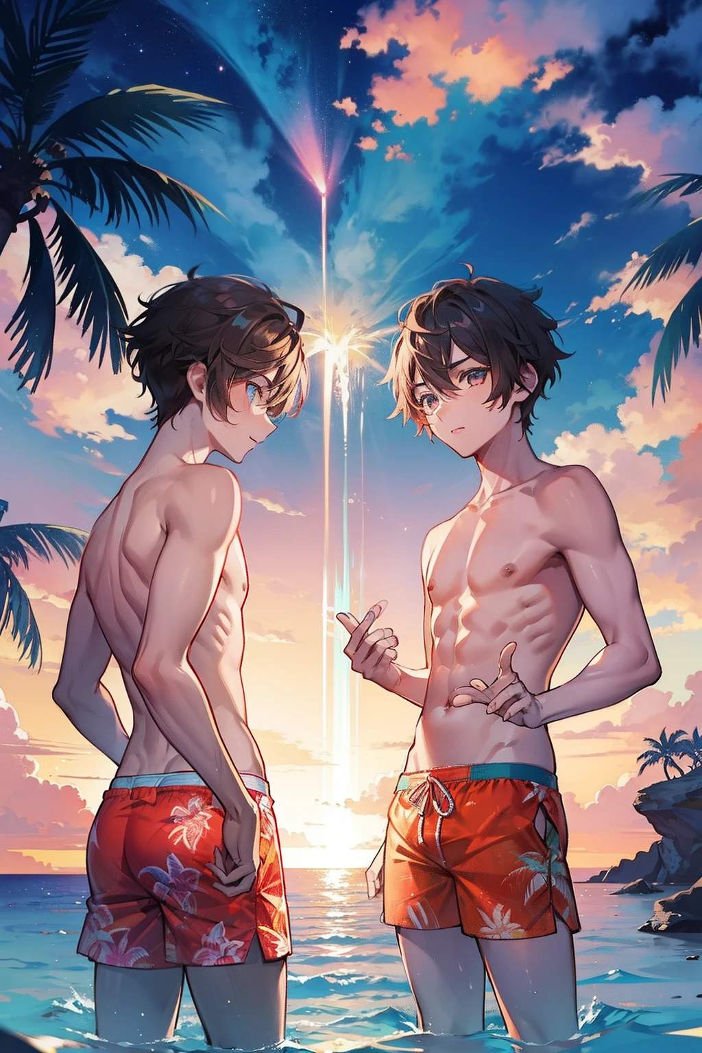 male people　twinks　{{ember}}　Hawaiian ocean　evening　Palm trees 　swimming trunks