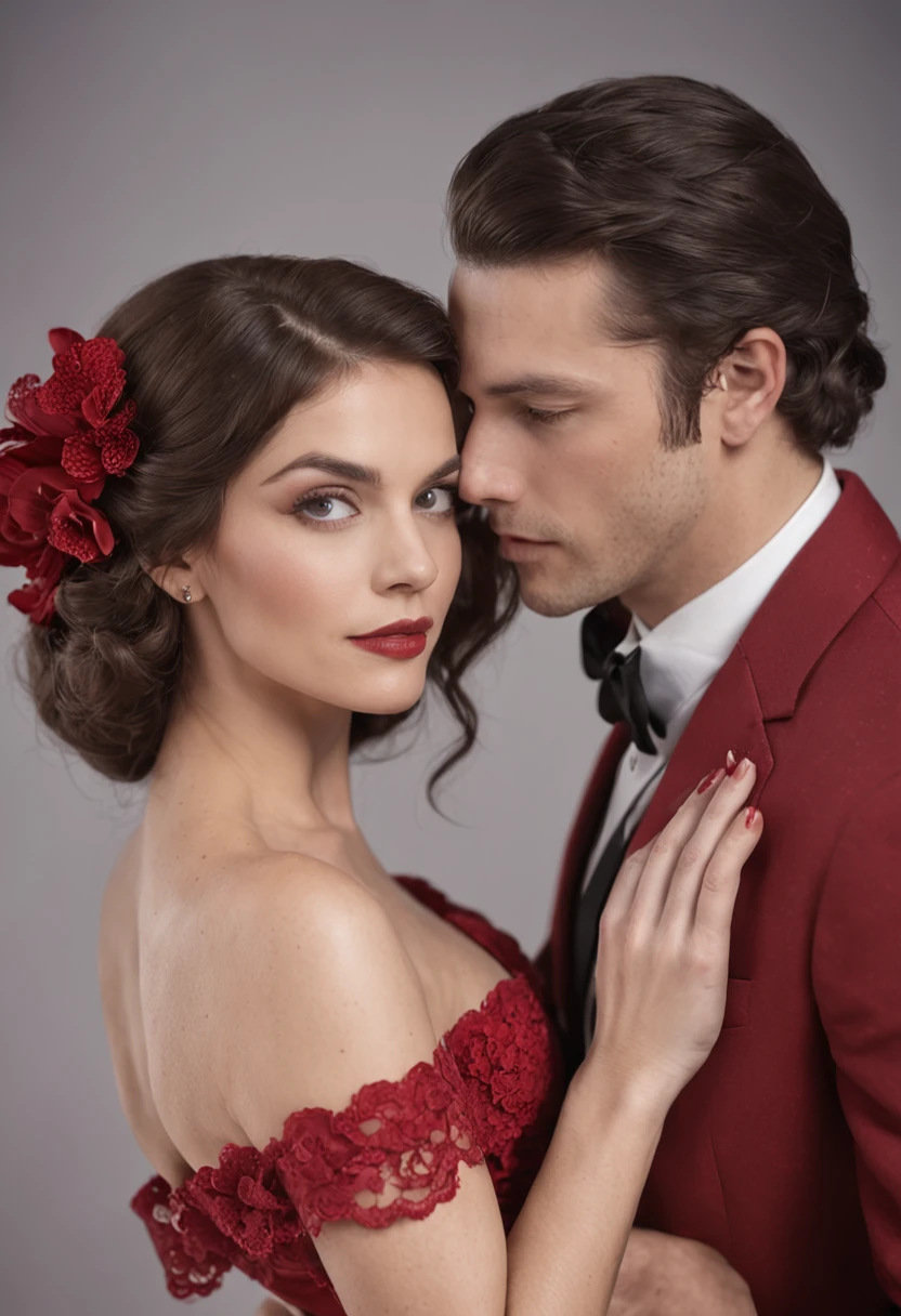 Homem de terno e mulher de vestido vermelho, um casal elegante, Lovely couple, romantic couple, homem e mulher, Photo Session, com longos cabelos loiros, Homem e mulher apaixonados, foto de retrato, pose de casal, par, attractive female, vestindo roupas pretas elegantes, com cabelos pretos, apelo masculino alta moda, Fumegante, muito intenso, sensual, homem forte, musculoso