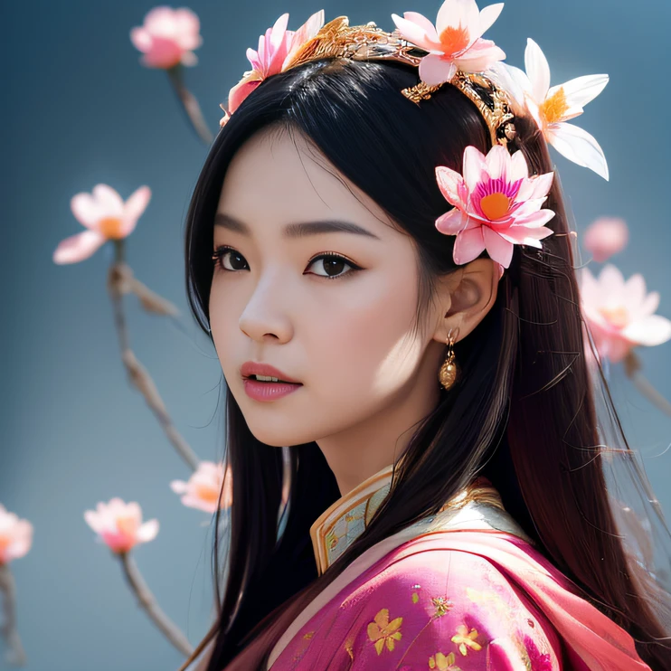 32K（tmasterpiece，k hd，hyper HD，32K）Long flowing black hair，ponds，zydink， a color，  Asian people （Silly girl）， （Silk scarf）， Combat posture， looking at the ground， long whitr hair， Floating hair， Carp pattern headdress(Small dairy room:1.3)， Chinese long-sleeved clothing， （abstract ink splash：1.2）， Pink petal background，Pink and white lotus flowers fly（realisticlying：1.4），Black color hair，Fallen leaves flutter，The background is pure， A high resolution， the detail， RAW photogr， Sharp Re， Nikon D850 Film Stock Photo by Jefferies Lee 4 Kodak Portra 400 Camera F1.6 shots, Rich colors, ultra-realistic vivid textures, Dramatic lighting, Unreal Engine Art Station Trend, cinestir 800，Long flowing black hair