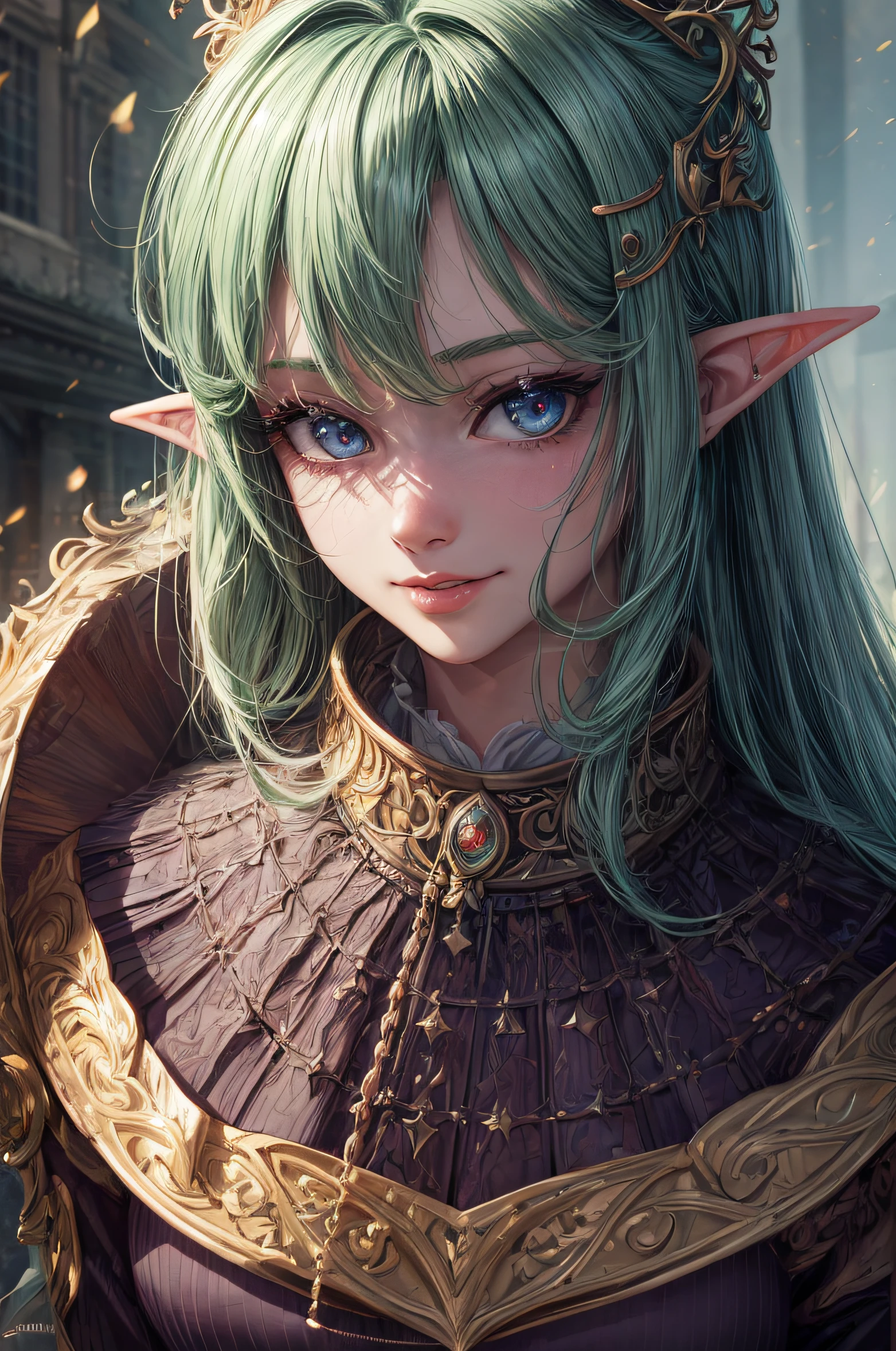 The girl looks at the camera with beautiful purple eyes and an attractive smile, mouth open, White Teeth, Cute little nose, Beautiful long elven ears, portrait of an elf, Portrait of a very beautiful elf woman, green hair, Stars in her fixed eyes, breathtaking rendering, extreme closeup, Sweet girl, attractive anime girl, beautiful anime girl, Cute beautiful anime woman, detailed digital anime art, beautiful anime girl, beautiful anime girl, Anime with small details, Best Quality, Masterpiece, Ultra-detailed, Beautiful, hight resolution, Original,CG 8K ультрареалистичный, perfect artwork, beatiful face, Face Clean, Skin, hyper realistic, Ultra Detailed, A detailed eye, dramatic  lighting, (Realistic) Realistic, Full HD, Best Quality, Best Quality, Beautiful lighting, (8k wallpaper of extremely detailed CG unit), High Details, sharp-focus, The art of dramatic and photorealistic painting, beautiful smile, Incredibly detailed face, hyper detailed face, A face with a lot of detail, Perfect nose, gorgeous smile, A star in the eye, Perfect eye shadow, wink, Hyper-Detailed Eyes, Hyper-detailing of eyebrows, Hyper-detailed eyelashes,