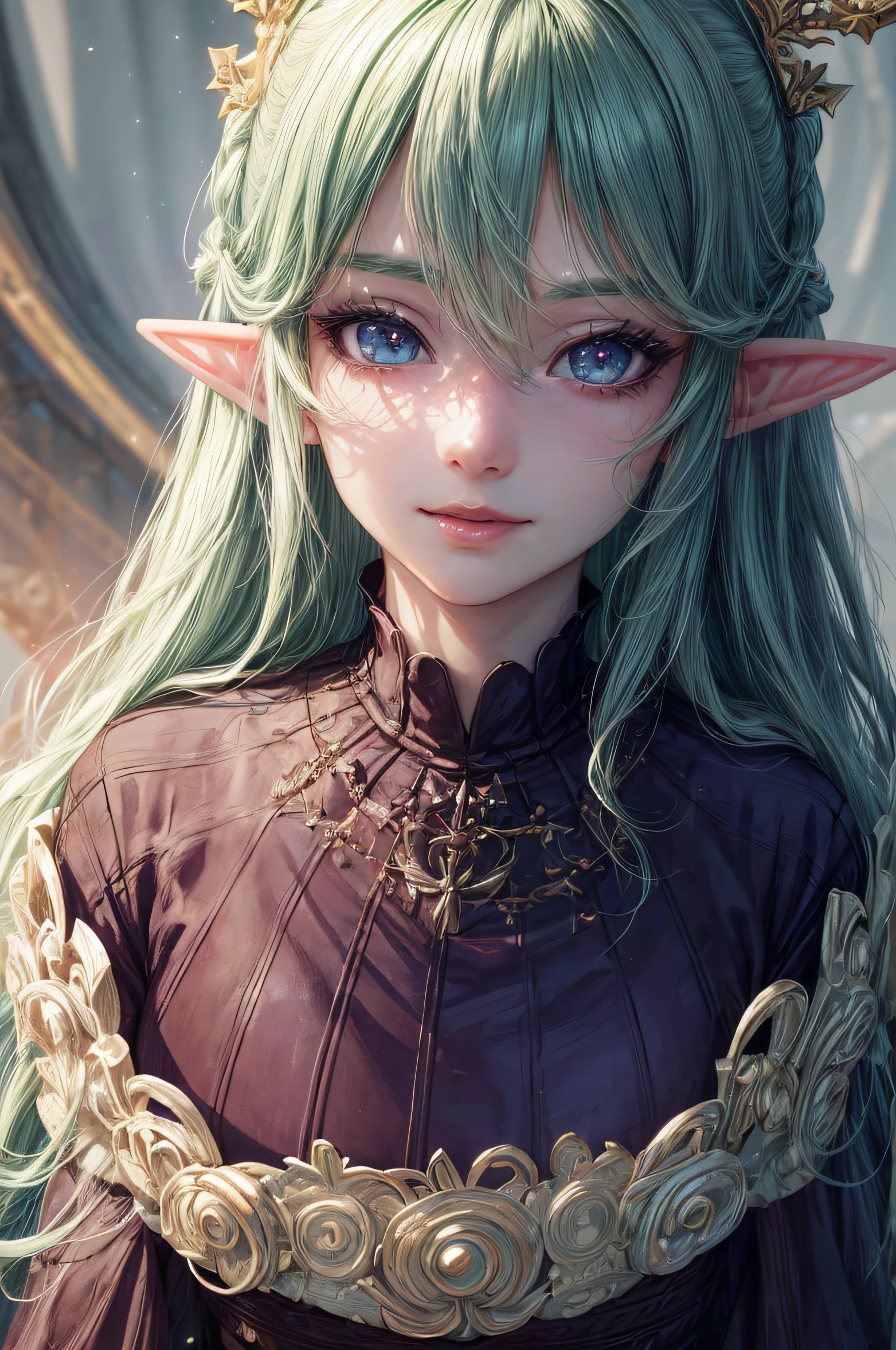 The girl looks at the camera with beautiful purple eyes and an attractive smile, mouth open, White Teeth, Cute little nose, Beautiful long elven ears, portrait of an elf, Portrait of a very beautiful elf woman, green hair, Stars in her fixed eyes, breathtaking rendering, extreme closeup, Sweet girl, attractive anime girl, beautiful anime girl, Cute beautiful anime woman, detailed digital anime art, beautiful anime girl, beautiful anime girl, Anime with small details, Best Quality, Masterpiece, Ultra-detailed, Beautiful, hight resolution, Original,CG 8K ультрареалистичный, perfect artwork, beatiful face, Face Clean, Skin, hyper realistic, Ultra Detailed, A detailed eye, dramatic  lighting, (Realistic) Realistic, Full HD, Best Quality, Best Quality, Beautiful lighting, (8k wallpaper of extremely detailed CG unit), High Details, sharp-focus, The art of dramatic and photorealistic painting, beautiful smile, Incredibly detailed face, hyper detailed face, A face with a lot of detail, Perfect nose, gorgeous smile, A star in the eye, Perfect eye shadow, wink, Hyper-Detailed Eyes, Hyper-detailing of eyebrows, Hyper-detailed eyelashes,