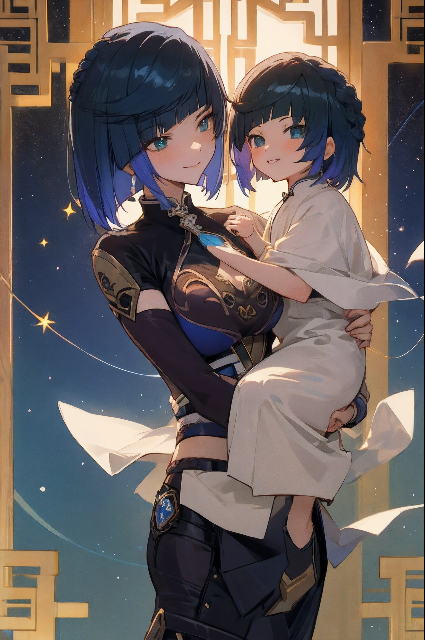 Anime image of two women on a starry night, WLOP and Sakimichan, Short hair, Blue-haired deity, Anime fantasy illustration, Genshin, Cultivator Detailed Art, two beautiful anime girls, Mother and child, A symbol of maternal love, Mother and child, Such as mother and child photos, mischievous grin, starry night background , Mother and son play in a traditional Chinese house, (clubs)