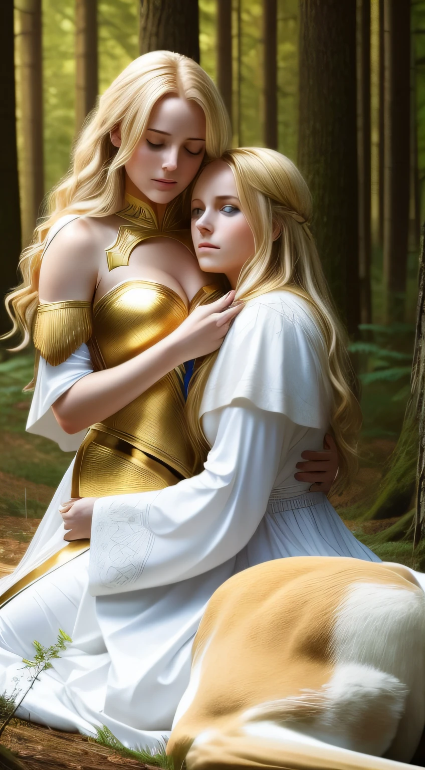 a beautiful golden haired woman in white armor with blue eyes hugging a wounded deer in the heart of the forest