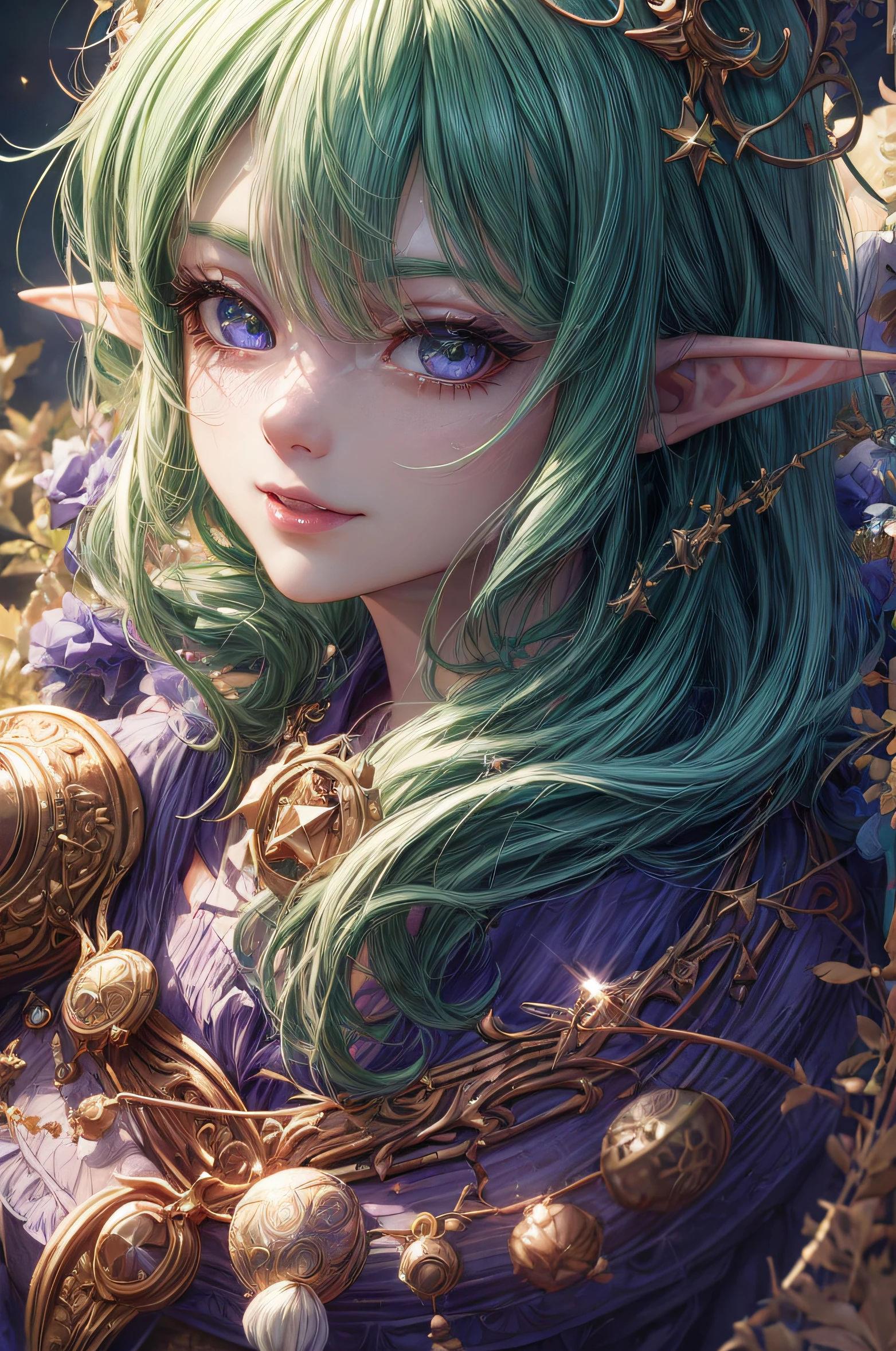 The girl looks at the camera with beautiful purple eyes and an attractive smile, mouth open, White Teeth, Cute little nose, Beautiful long elven ears, portrait of an elf, Portrait of a very beautiful elf woman, green hair, Stars in her fixed eyes, breathtaking rendering, extreme closeup, Sweet girl, attractive anime girl, beautiful anime girl, Cute beautiful anime woman, detailed digital anime art, beautiful anime girl, beautiful anime girl, Anime with small details, Best Quality, Masterpiece, Ultra-detailed, Beautiful, hight resolution, Original,CG 8K ультрареалистичный, perfect artwork, beatiful face, Face Clean, Skin, hyper realistic, Ultra Detailed, A detailed eye, dramatic  lighting, (Realistic) Realistic, Full HD, Best Quality, Best Quality, Beautiful lighting, (8k wallpaper of extremely detailed CG unit), High Details, sharp-focus, The art of dramatic and photorealistic painting, beautiful smile, Incredibly detailed face, hyper detailed face, A face with a lot of detail, Perfect nose, gorgeous smile, A star in the eye, Perfect eye shadow, wink, Hyper-Detailed Eyes, Hyper-detailing of eyebrows, Hyper-detailed eyelashes,