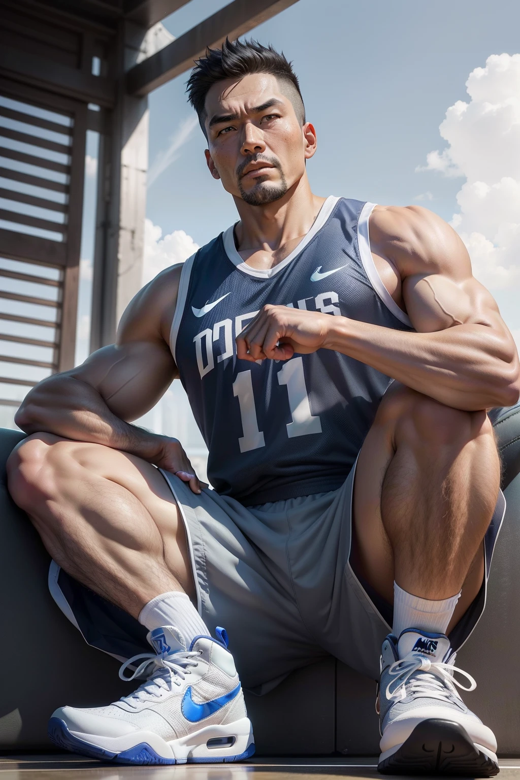 0 years old middle-aged man,Man,grampa,Height 195,Asian people,sitting in the couch,God perspective,The eyes are about to face each other,Chinese men,musculature,Lift one foot,Wearing a gray-blue Nike basketball vest,Gray-red basketball pants,The number 12 is written on the basketball suit,Silver gray Nike high-leg basketball shoes,Cord,Chains,Ferocious and ferocious,The background is outdoors,There is no basketball,Hold your hands on your knees