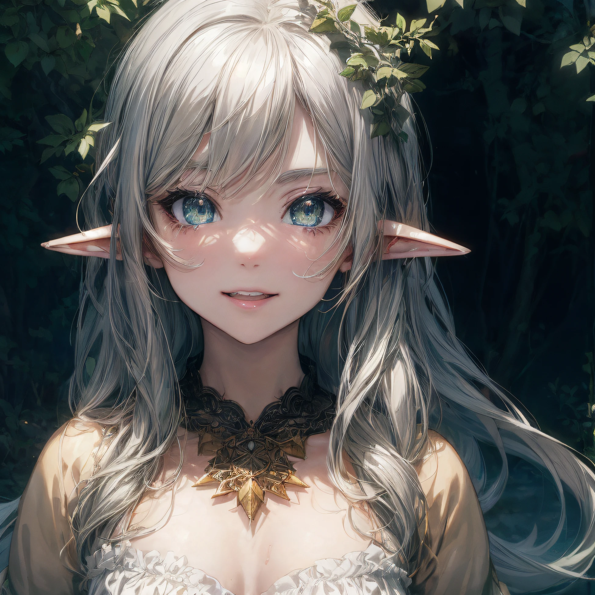 The girl looks at the camera with beautiful green eyes and an attractive smile, mouth open, White Teeth, Cute little nose, Beautiful long elven ears, portrait of an elf, Portrait of a very beautiful elf woman, white colored hair, Stars in her fixed eyes, breathtaking rendering, extreme closeup, Sweet girl, attractive anime girl, beautiful anime girl, Cute beautiful anime woman, detailed digital anime art, beautiful anime girl, beautiful anime girl, Anime with small details, Best Quality, Masterpiece, Ultra-detailed, Beautiful, hight resolution, Original,CG 8K ультрареалистичный, perfect artwork, beatiful face, Face Clean, Skin, hyper realistic, Ultra Detailed, A detailed eye, dramatic lighting, (Realistic) Realistic, Full HD, Best Quality, Best Quality, Beautiful lighting, (8k wallpaper of extremely detailed CG unit), High Details, sharp-focus, The art of dramatic and photorealistic painting, beautiful smile, Incredibly detailed face, hyper detailed face, A face with a lot of detail, Perfect nose, gorgeous smile, A star in the eye, Perfect eye shadow, wink, Hyper-Detailed Eyes, Hyper-detailing of eyebrows, Hyper-detailed eyelashes,