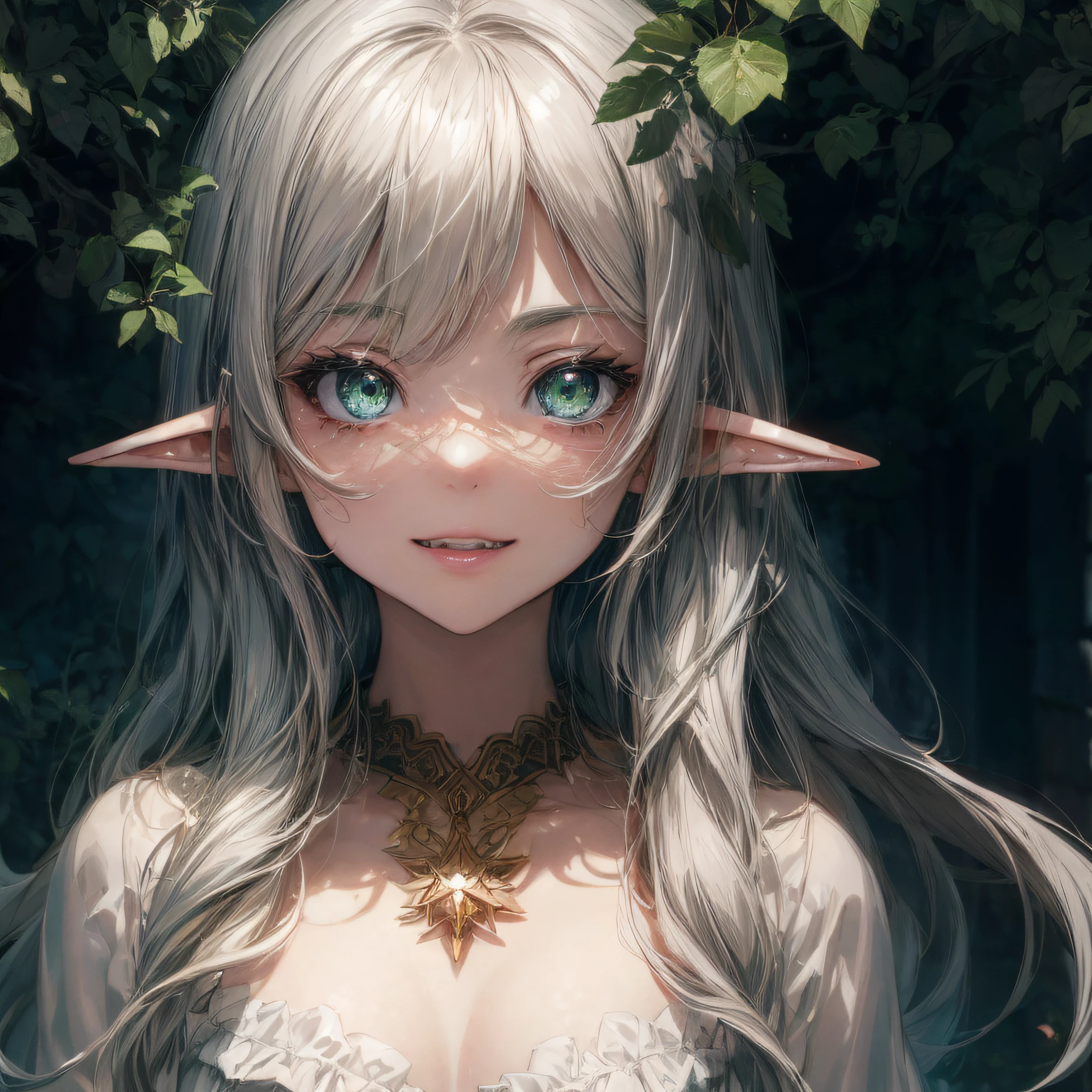 The girl looks at the camera with beautiful green eyes and an attractive smile, mouth open, White Teeth, Cute little nose, Beautiful long elven ears, portrait of an elf, Portrait of a very beautiful elf woman, white colored hair, Stars in her fixed eyes, breathtaking rendering, extreme closeup, Sweet girl, attractive anime girl, beautiful anime girl, Cute beautiful anime woman, detailed digital anime art, beautiful anime girl, beautiful anime girl, Anime with small details, Best Quality, Masterpiece, Ultra-detailed, Beautiful, hight resolution, Original,CG 8K ультрареалистичный, perfect artwork, beatiful face, Face Clean, Skin, hyper realistic, Ultra Detailed, A detailed eye, dramatic  lighting, (Realistic) Realistic, Full HD, Best Quality, Best Quality, Beautiful lighting, (8k wallpaper of extremely detailed CG unit), High Details, sharp-focus, The art of dramatic and photorealistic painting, beautiful smile, Incredibly detailed face, hyper detailed face, A face with a lot of detail, Perfect nose, gorgeous smile, A star in the eye, Perfect eye shadow, wink, Hyper-Detailed Eyes, Hyper-detailing of eyebrows, Hyper-detailed eyelashes,