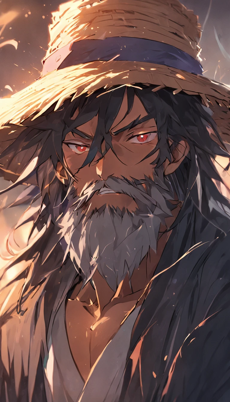 preto velho de cabelos e barba branca, sentado no toco, fumando cachimbo, with straw hat on his head