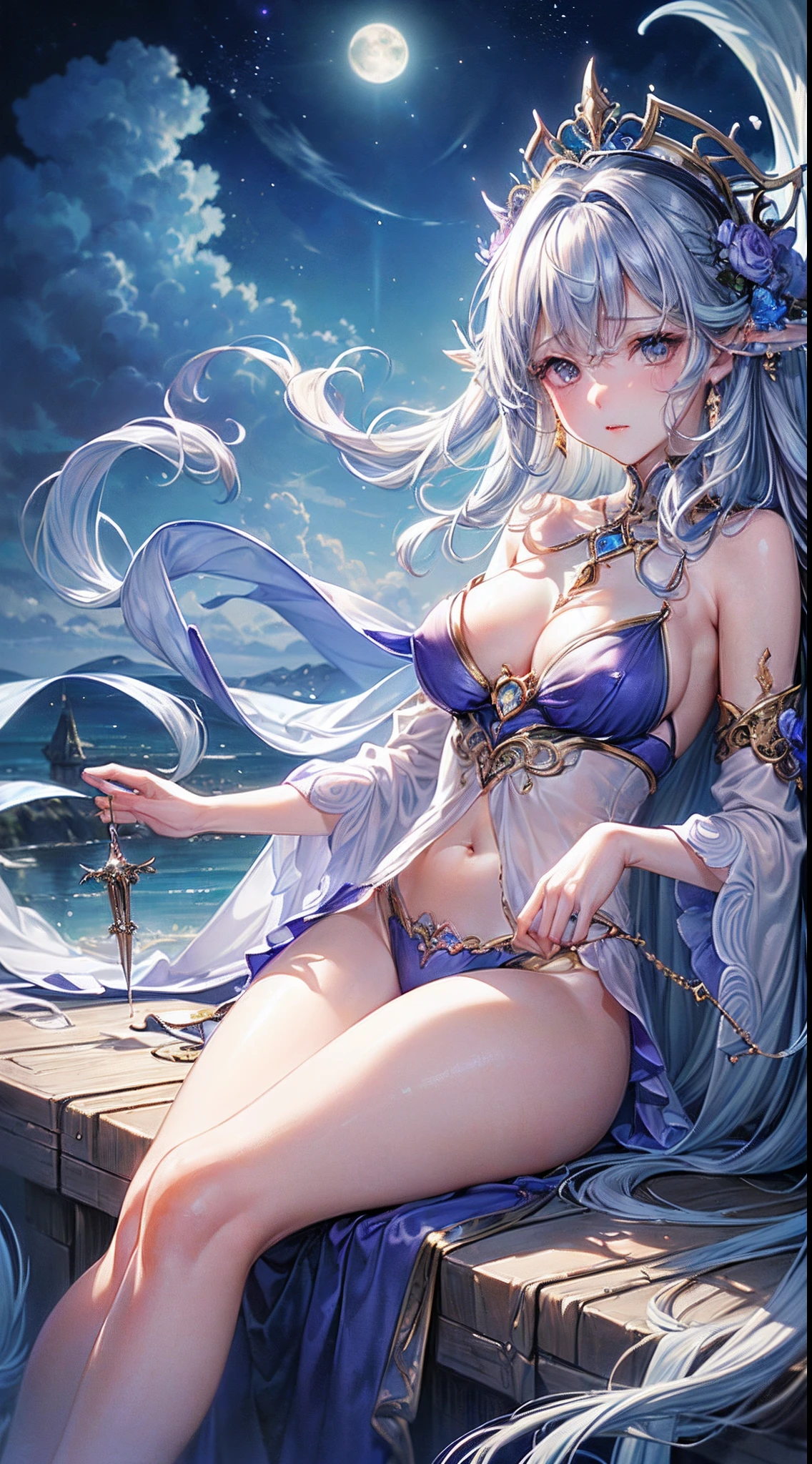 ssex、A sexy、visible、The nipple is visible、The areol、((top-quality))、((​masterpiece))、(detaileds)、wizard of water、Fantastic water beauty、Perching on the clouds、(fantasy illustrations:1.3)、Troubled gaze、魅惑的、Otherworldly charm、Powerful magic、mystical sky、 (By Luis Royo:1.2)、(Yoshitaka Amano:1.1)、Moon Night、Soft colors、(detailed cloudscape:1.3)、(hight resolution:1.2)