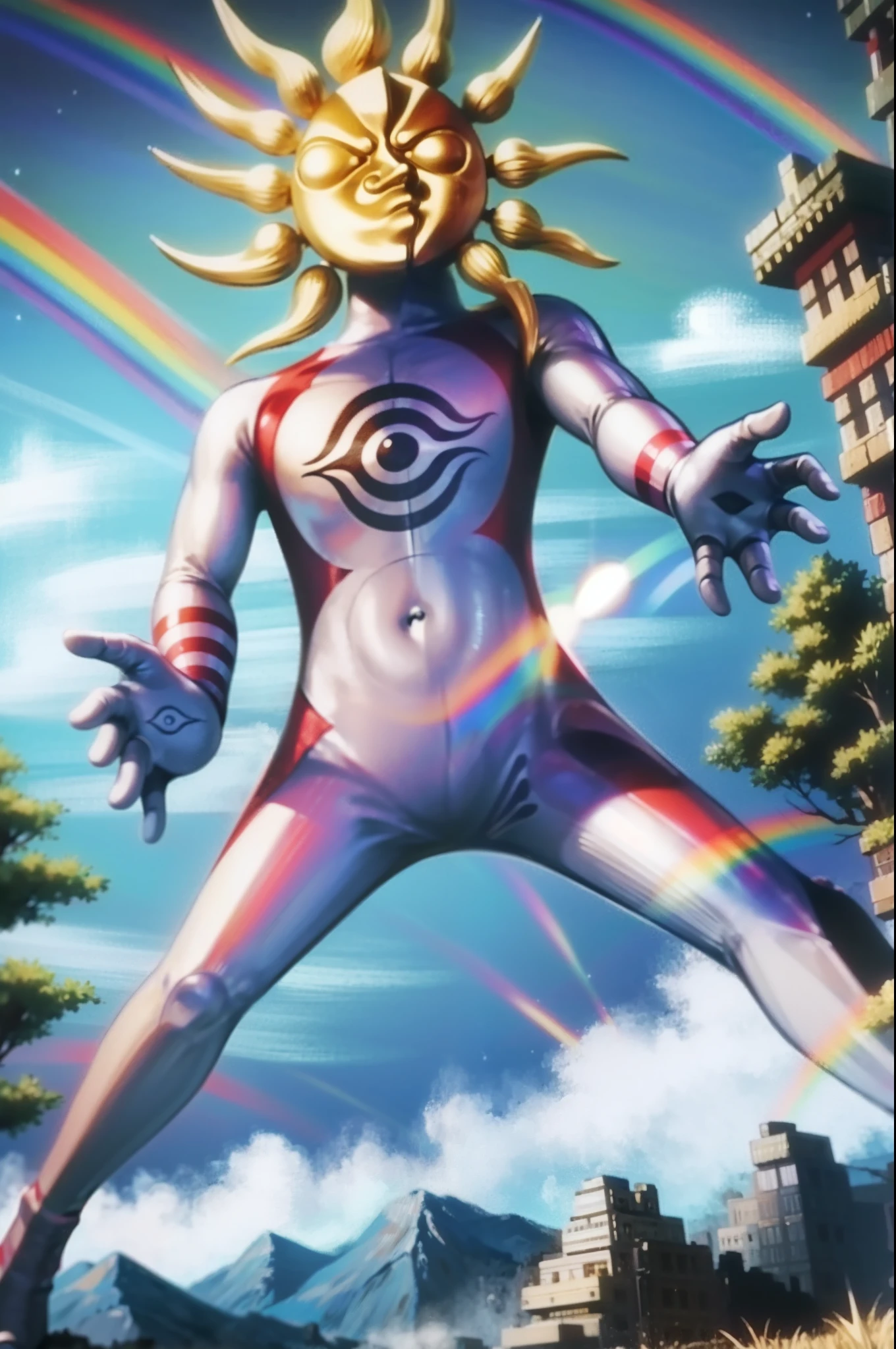 TAROMAN, standing full body, mountain, sun , rainbow