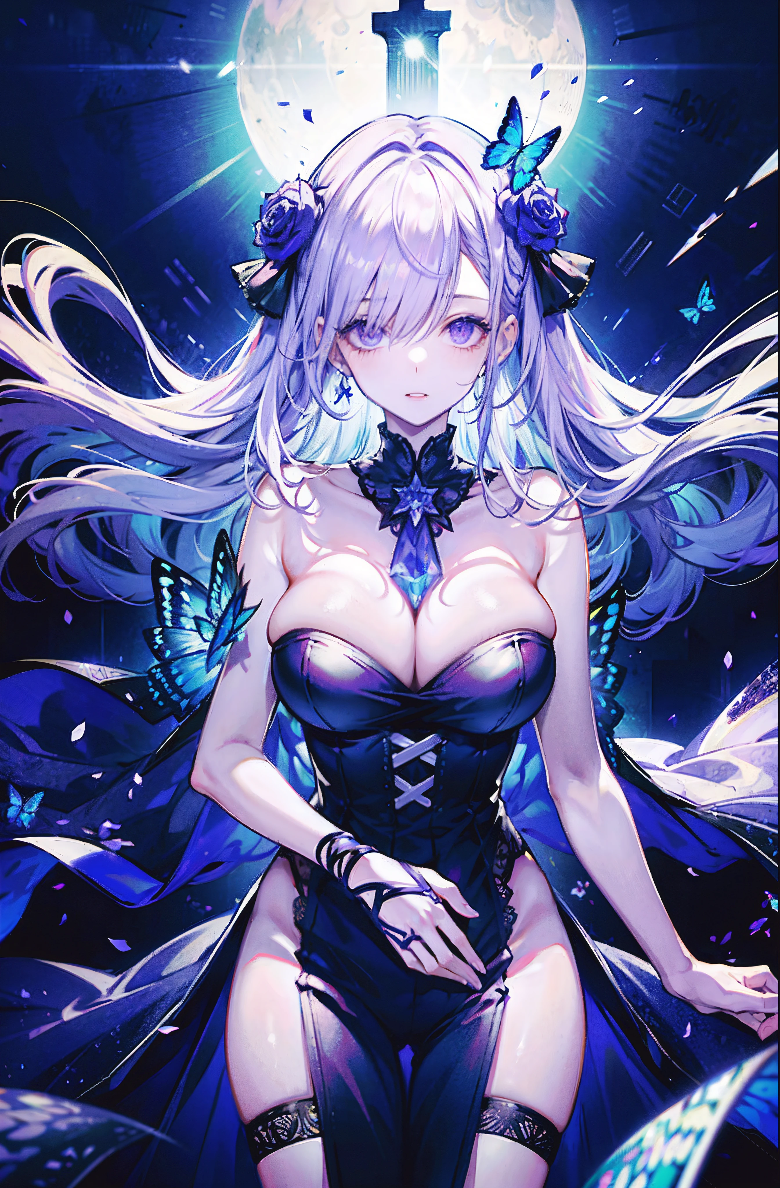 silber hair，butterflys，long whitr hair，8k wallpaper，detailedbackground，Highest high resolution，deep v big breasts，Hair over eyes，Bandeau，Church background，Purple roses，tight-fitting，themoon，stocklings，((2 people，Twin sisters))