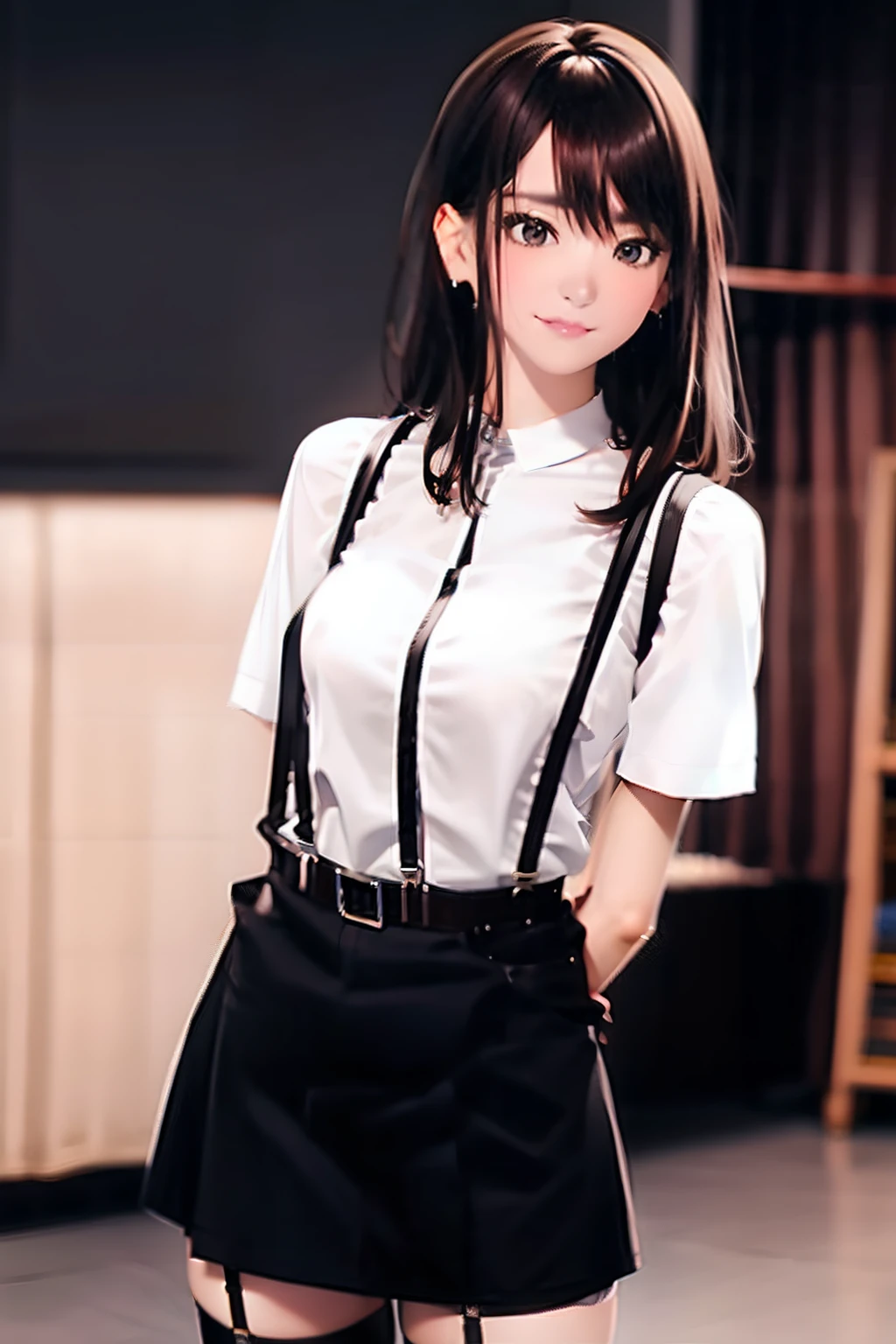 Black skirt, Cutter shirt suspenders, Brown hair Gray eyes, Garter belt on the legs, Tight clothes, a belt Armpit sweat deadpan large full breasts