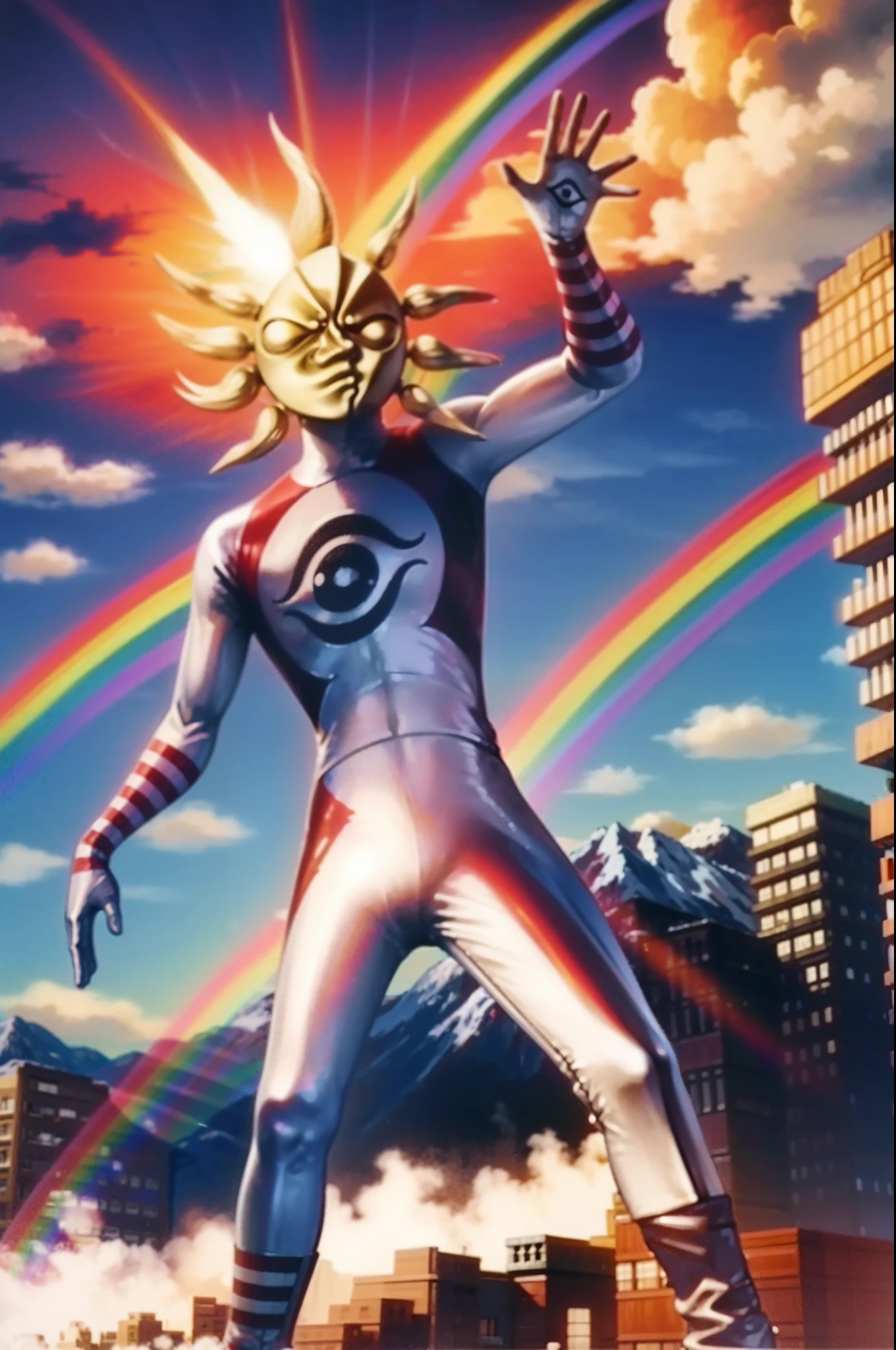 TAROMAN, standing full body, mountain, sun , rainbow, fire light