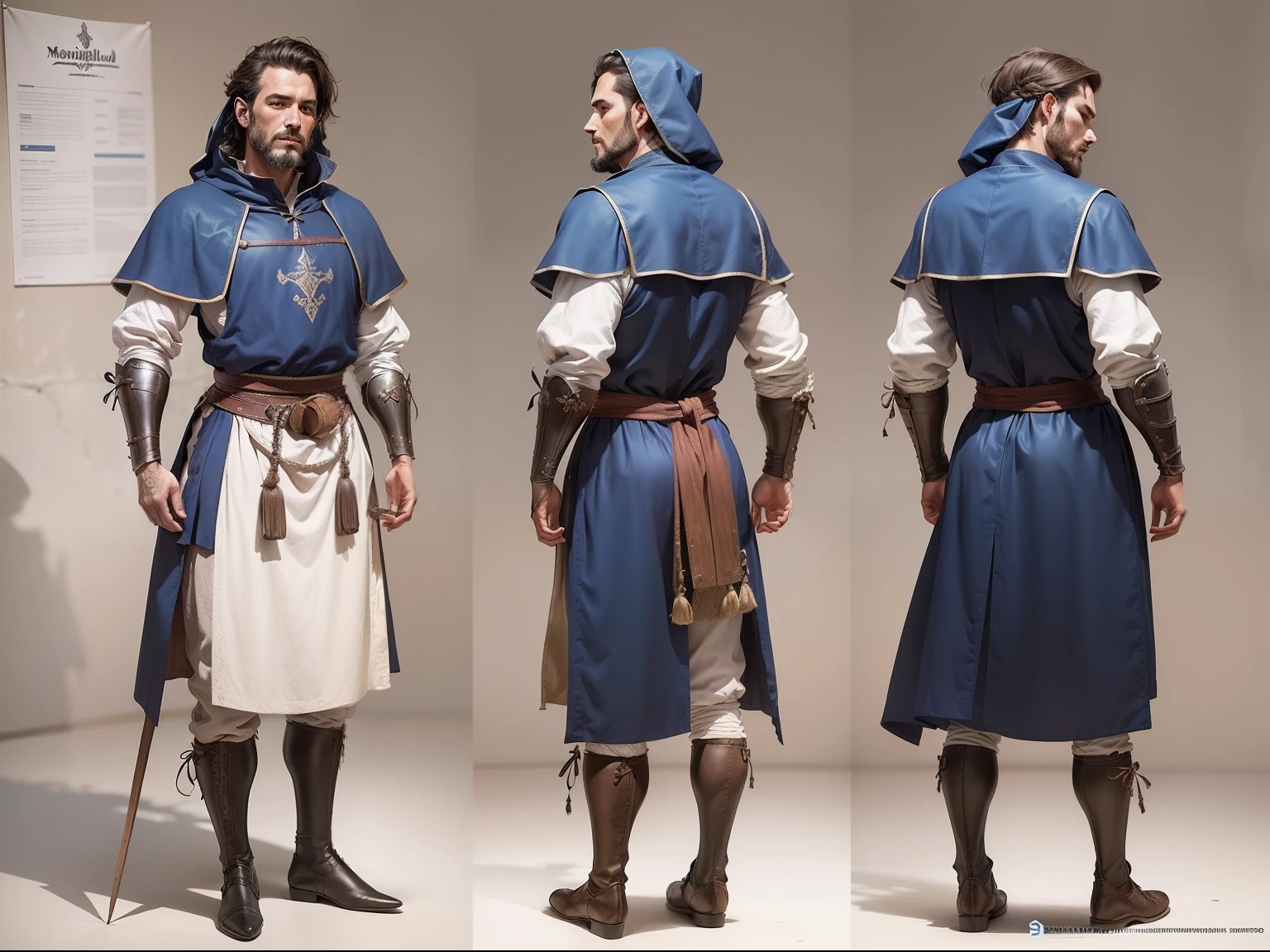 um homem, medieval footwear, simple medieval peasant costume, various angles, ((parte frontal, back, lado)), (((folha de modelo))), refer ence sheet.