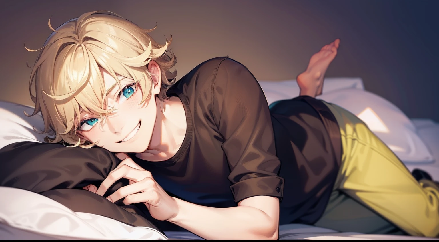 superfine illustration,Animated,amyl,1man,natta,grinning,Adult man,bed,heart on eyes,Guy,man,Short hair,Curly hair,Parted bangs,Blonde hair,Brown pants,the eyes are light green,White skin,a bed,laught,natta