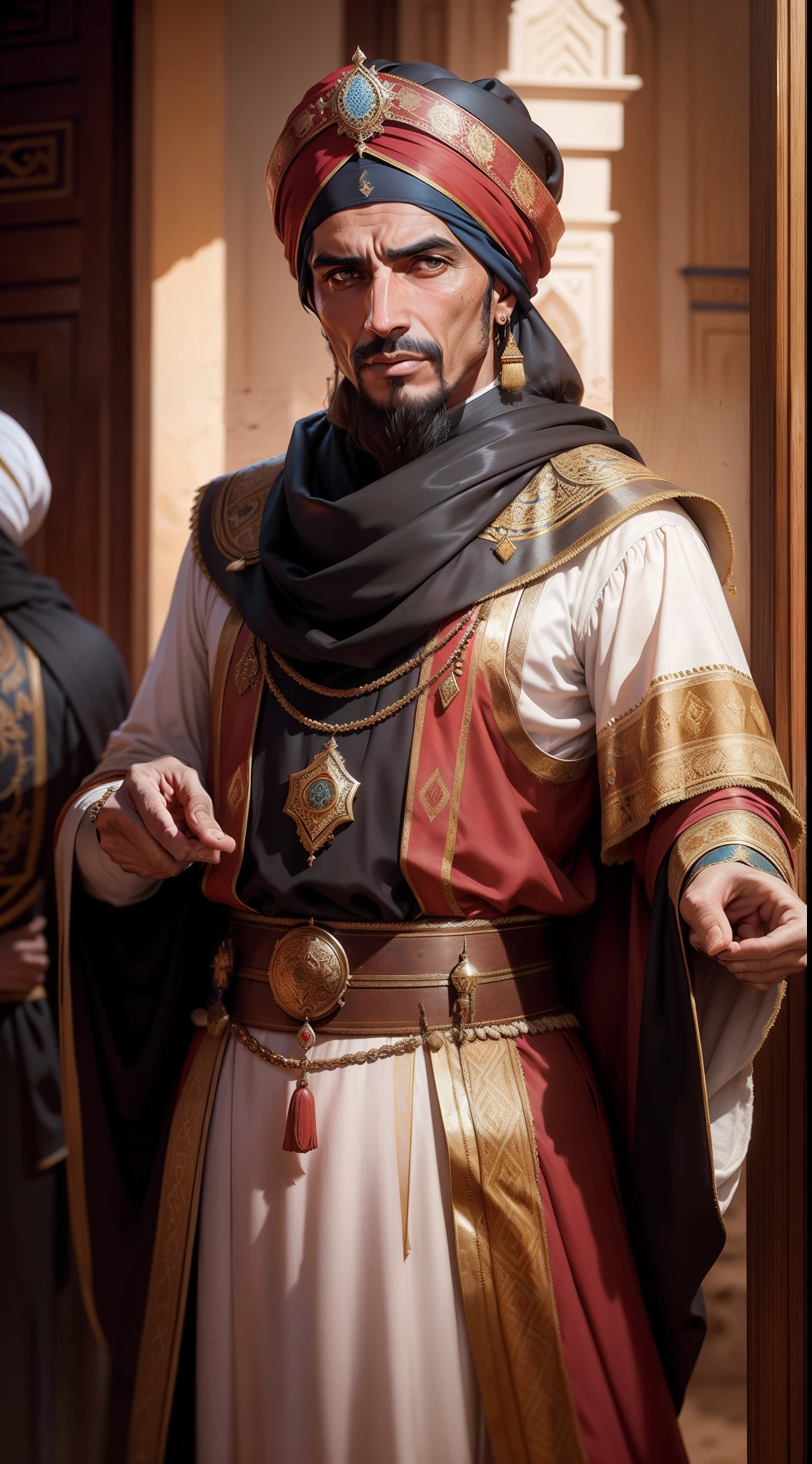 Muley Zayam, Governor, official, hand pointing violently to far way direction, shouting and giving orders, Morocco Maghreb clothes, Sultanate, 16th century, renaissance, age of exploration, old, solid, bold, majesty, muslim elements in clothes, expensive muslim governor clothes, conservative, delicate, darkish skin, turban