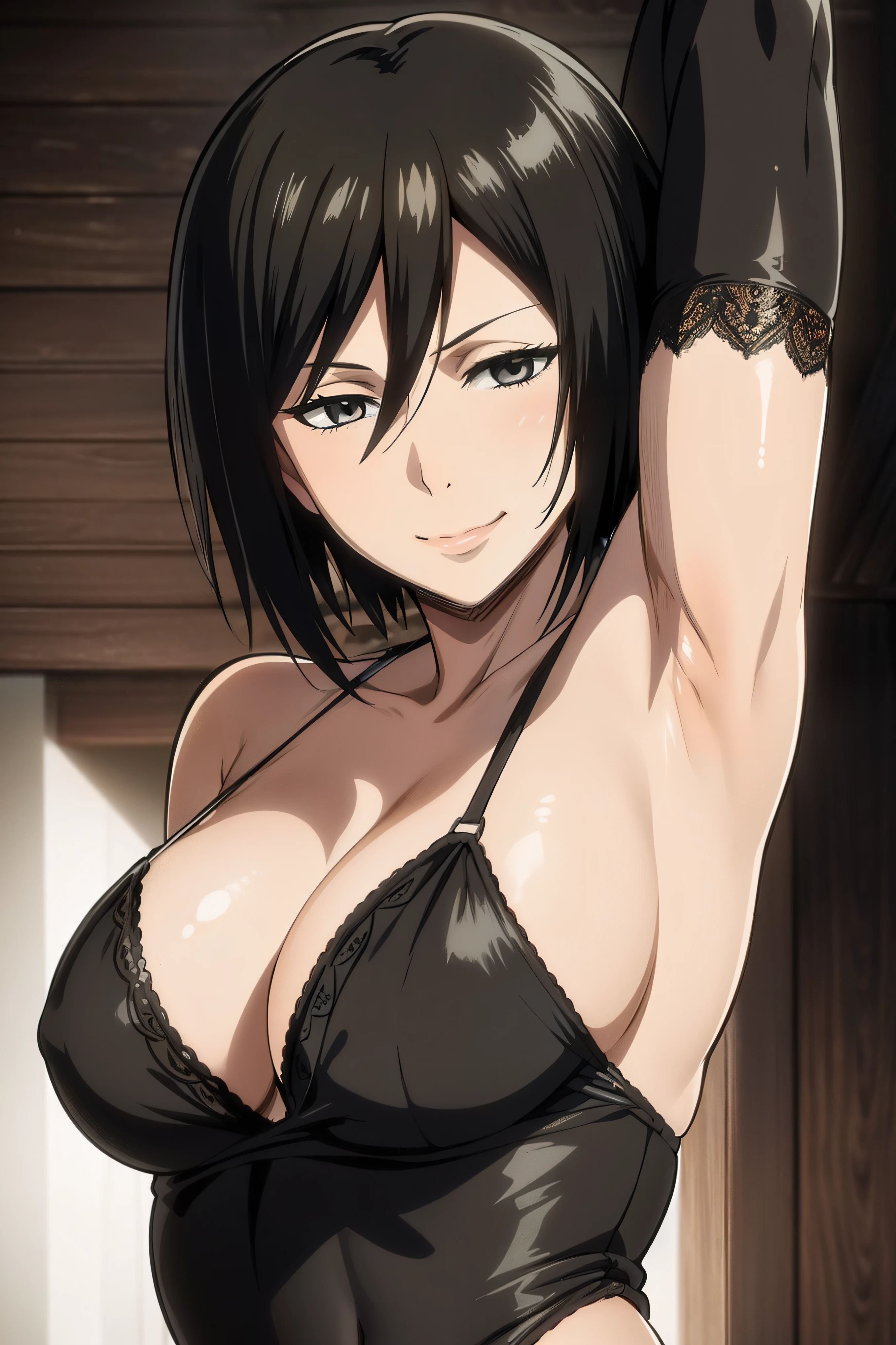 Dazzling, Armpits, intricate detailes, 1girl in, Mikasa Ackerman, (A dark-haired:1.3), hair between eye, short-haired, sideburns, s lips, shut, Yui, s lips, ​masterpiece, best qualtiy, hason, Baezon, Black eyes,Black eyes, muscle, medium breasts, gently smiling、Black underwear、Lace underwear、Erotic lace underwear