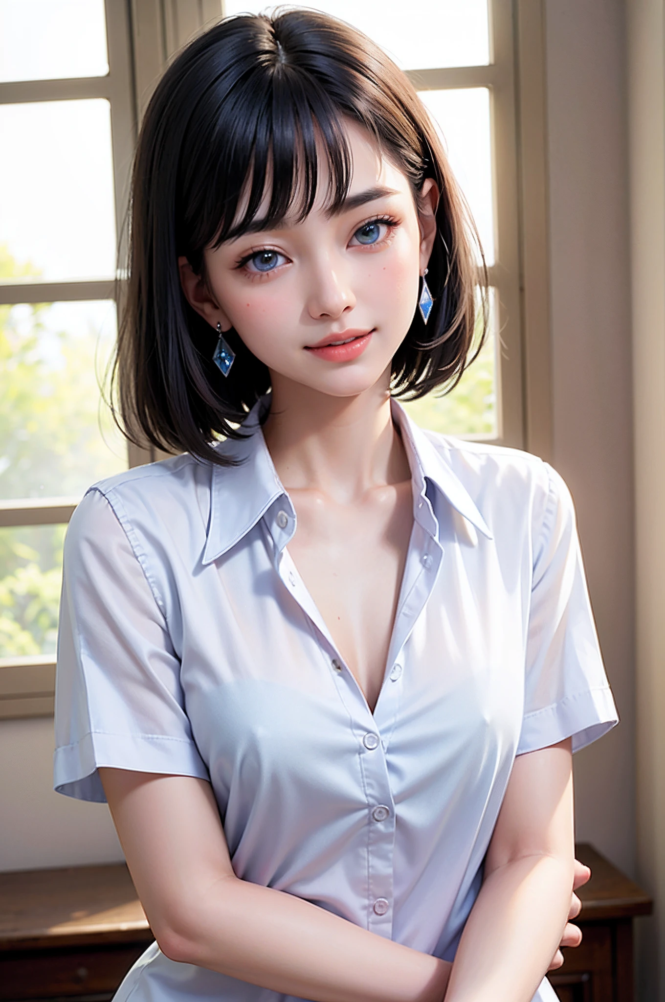 (high-level image quality、high-detail、hightquality、hight resolution、Draw everything in high resolution、masuter piece)、Very intense crystal light blue eyes、Very beautiful blue eyes、Small diamond-shaped earrings、Look firmly at the camera、Keep an eye on your audience、Put your ears out、short black hair with a beautiful sheen,,,、Beautiful very short beautiful hair with bangs、Show off all the beautiful décolletés、Beautiful 28 years old、lipgloss、long neck、happily laughing、Smiling very happily、Beautiful teeth alignment、Beautie、Pretty Woman、Business shirt with a snow-white collar with open chest、A pure white blouse that opens to the chest、Shirt with rolled up sleeves、Wide Open Color、Very immaculate background、Really snow-white background、Slightly bigger eyes、Brings intense light to the eyes、Rather wide shoulders and beautiful、tall supermodel、Long-legged supermodel、Supermodel with broad shoulders、Female sexy、tilt your face slightly、Turn your face slightly to the right、Get closer to your audience、Watch your audience carefully、
