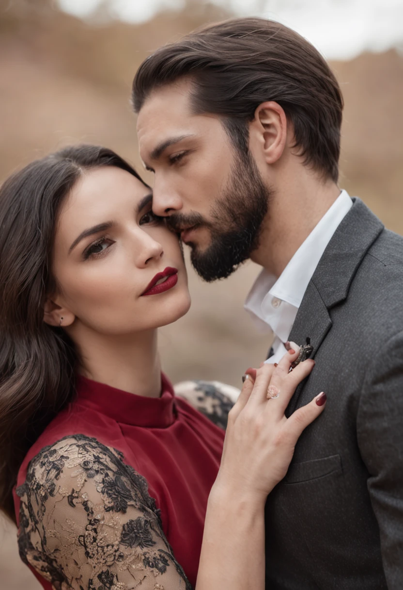 Homem de barba curta forte de terno preto e mulher de vestido vermelho, um casal elegante, Lovely couple, romantic couple, homem e mulher, Photo Session, com longos cabelos pretos, Homem e mulher apaixonados, foto de retrato, pose de casal, par, attractive female, vestindo roupas pretas elegantes, com cabelos pretos, apelo masculino alta moda, Fumegante, muito intenso, sensual, homem musculoso, musculos