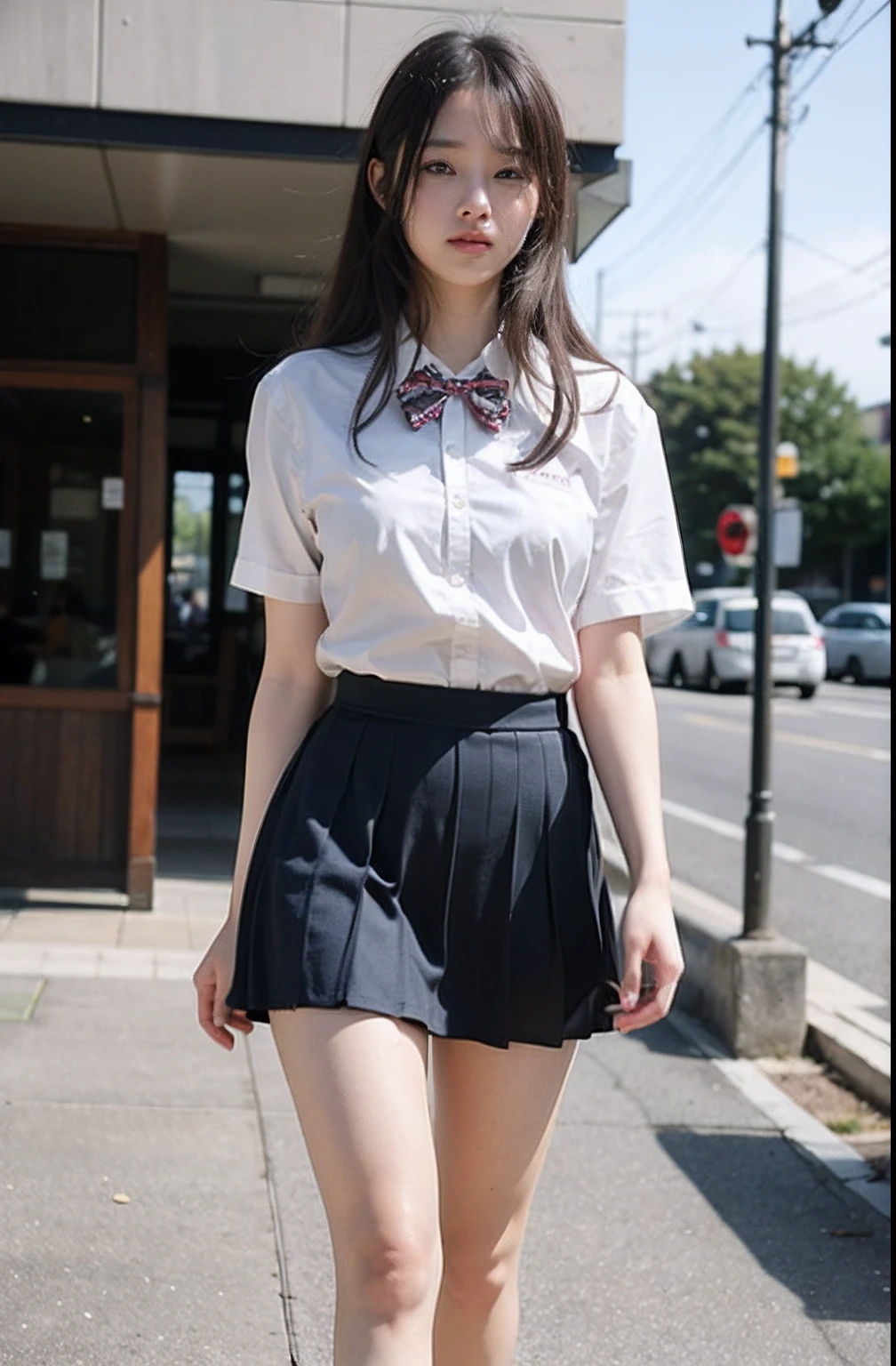 Japanese、high school student、Beauty、Facing directly ahead、Kind eyes、Frightened expression、mini skirt、Polo shirt、Arms are behind the back、