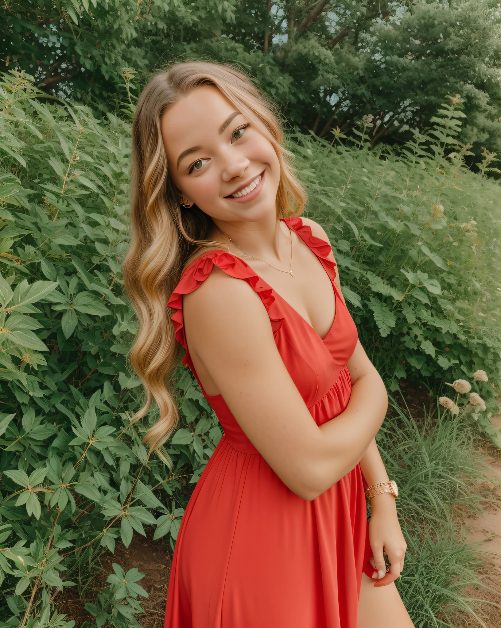 arafed woman in a red dress posing for a picture, sydney sweeney, wearing a red sundress, by Caroline Mytinger, in a red dress, beautiful and smiling, by Matt Cavotta, wearing a red dress, girl wears a red dress, portrait of maci holloway, absolutely outstanding image, brooke ashling, by Juliette Wytsman