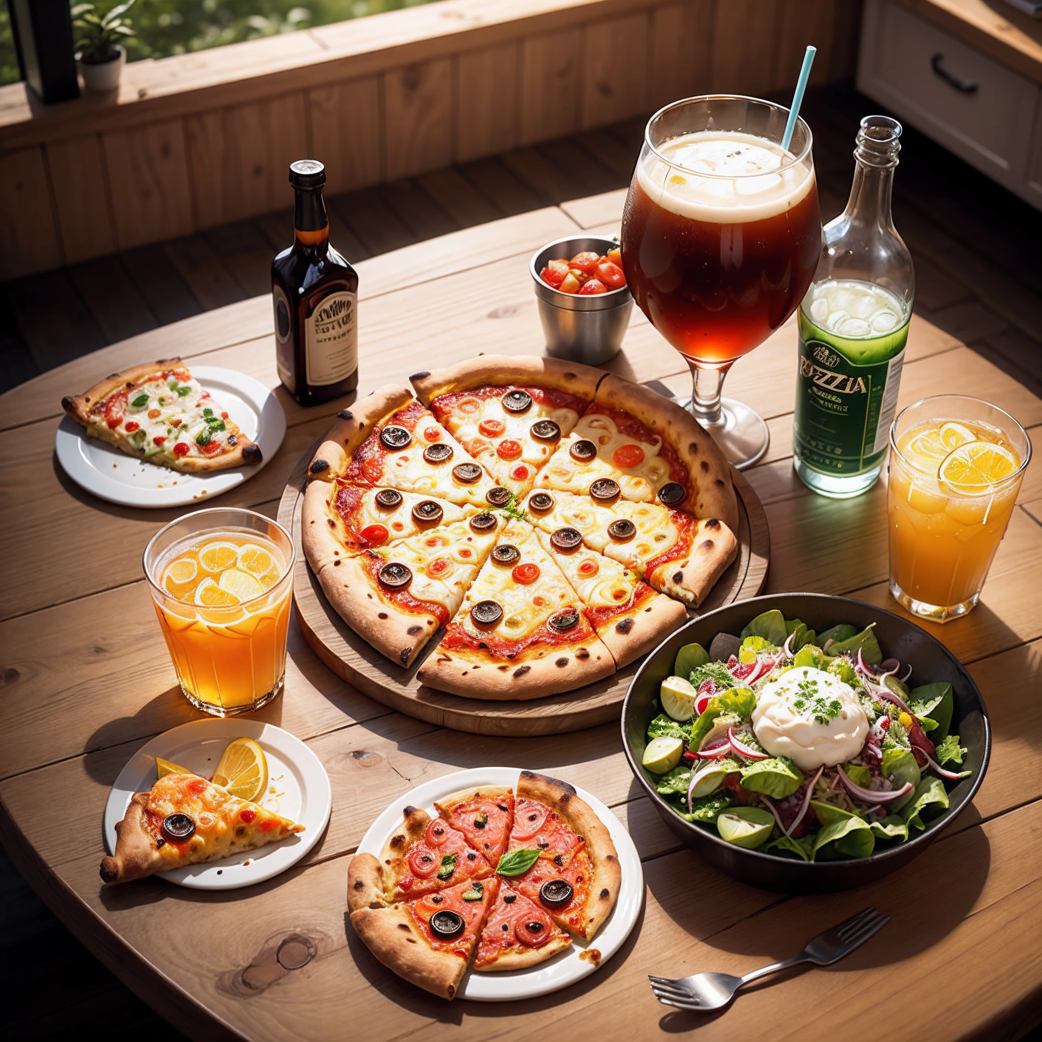 Pizza, drinks, salad and vinegar on the table --auto