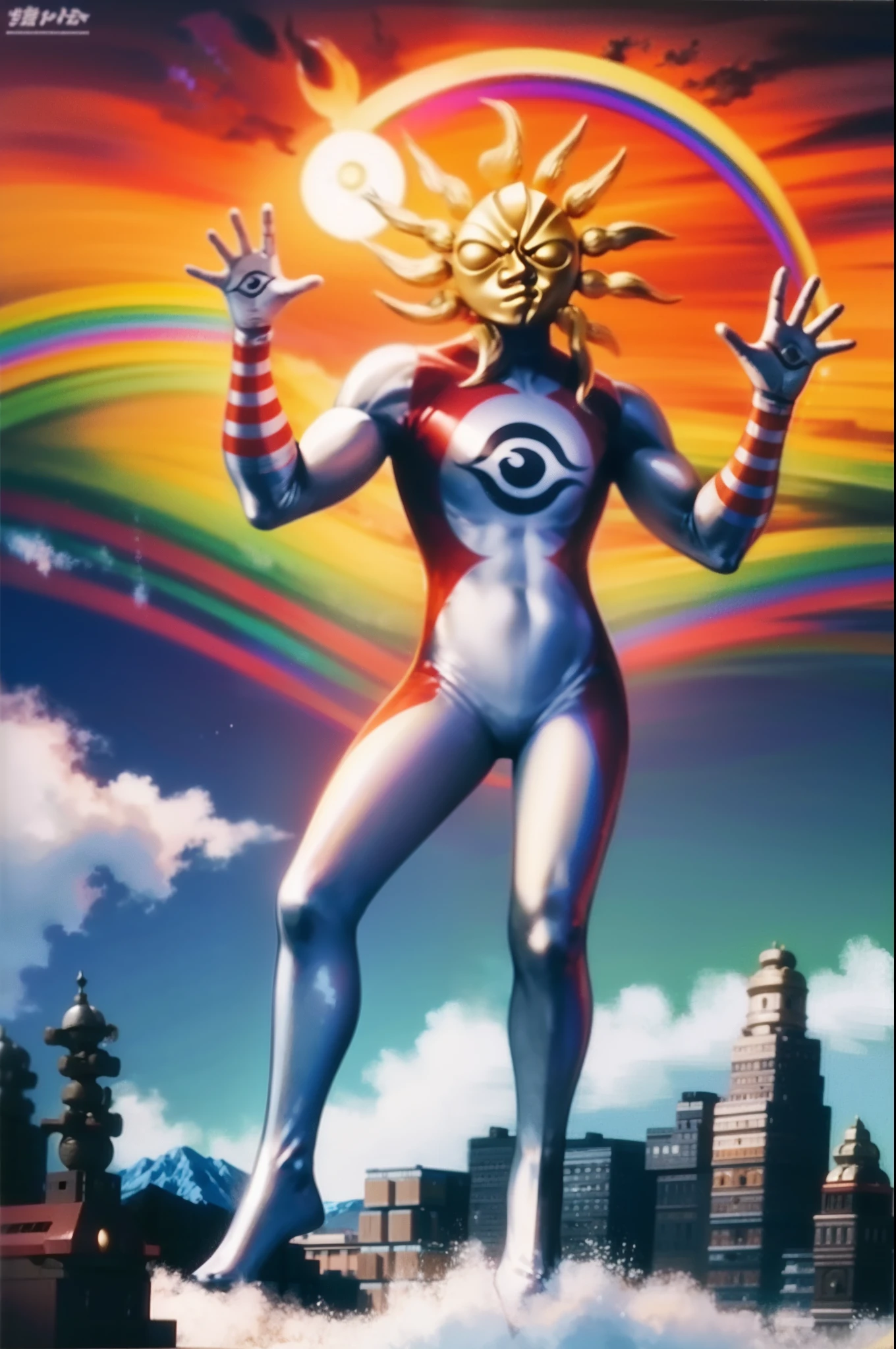 TAROMAN, standing full body, mountain, sun , rainbow, fire light, muscular male, moon water,