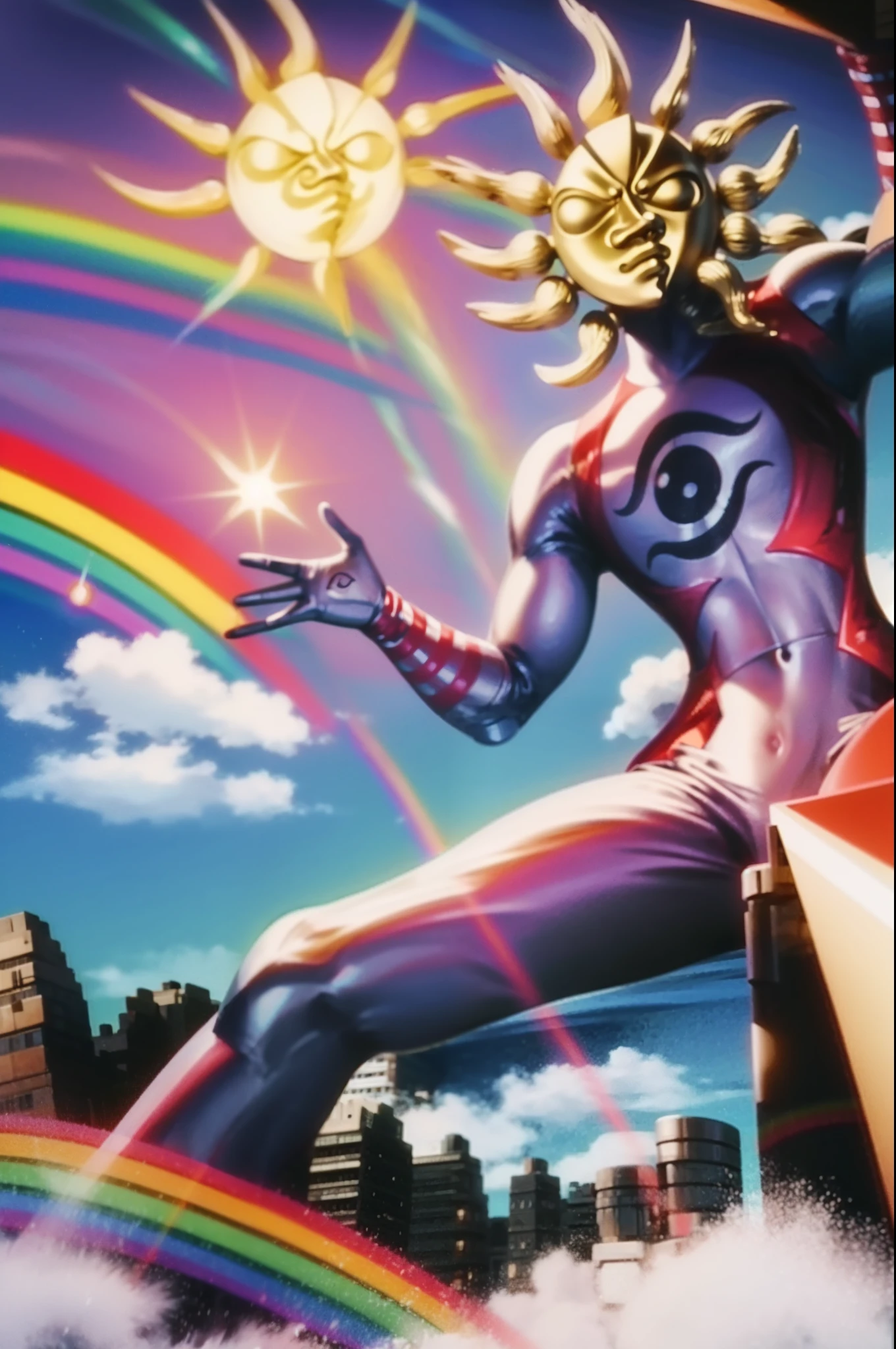 TAROMAN, standing full body, mountain, sun , rainbow, fire light, muscular male, moon water,