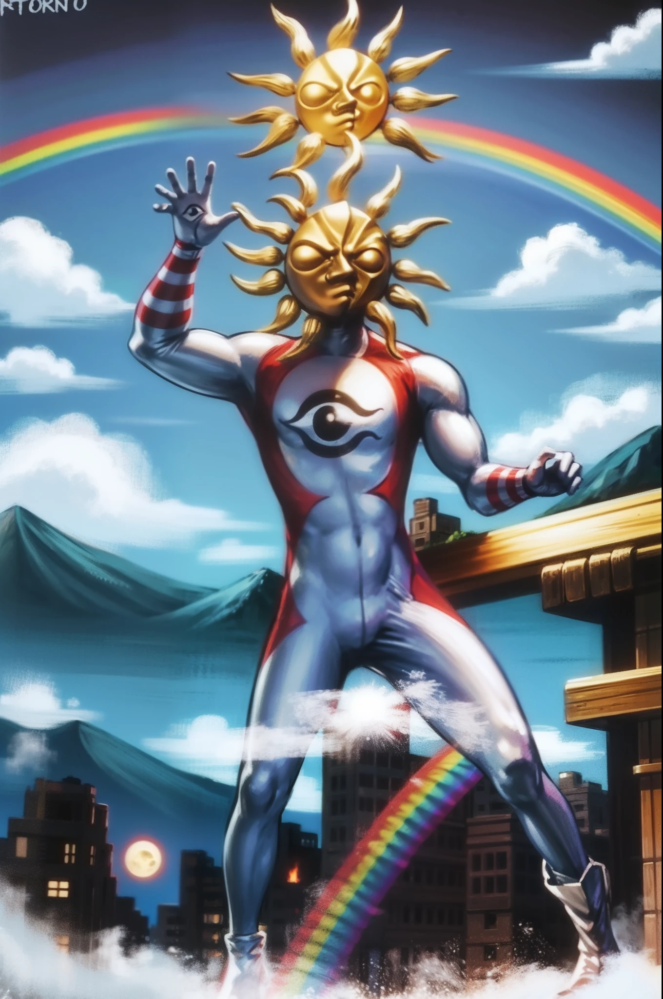 TAROMAN, standing full body, mountain, sun , rainbow, fire light, muscular male, moon water,moon, bara, tree, night sky