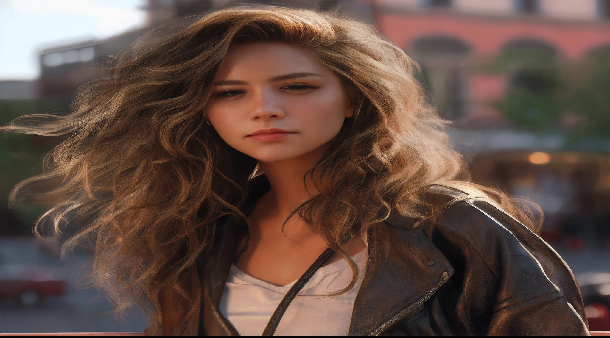 blond woman with long hair and a leather jacket posing for a picture, soft portrait shot 8 k, realistic digital art 4k, realistic digital art 4 k, photorealistic artstyle, realistic digital painting, cinematic realistic portrait, photorealistic digital painting, realistic artstyle, highly realistic digital art, 8k portrait render, 8 k realistic digital art, photorealistic picture