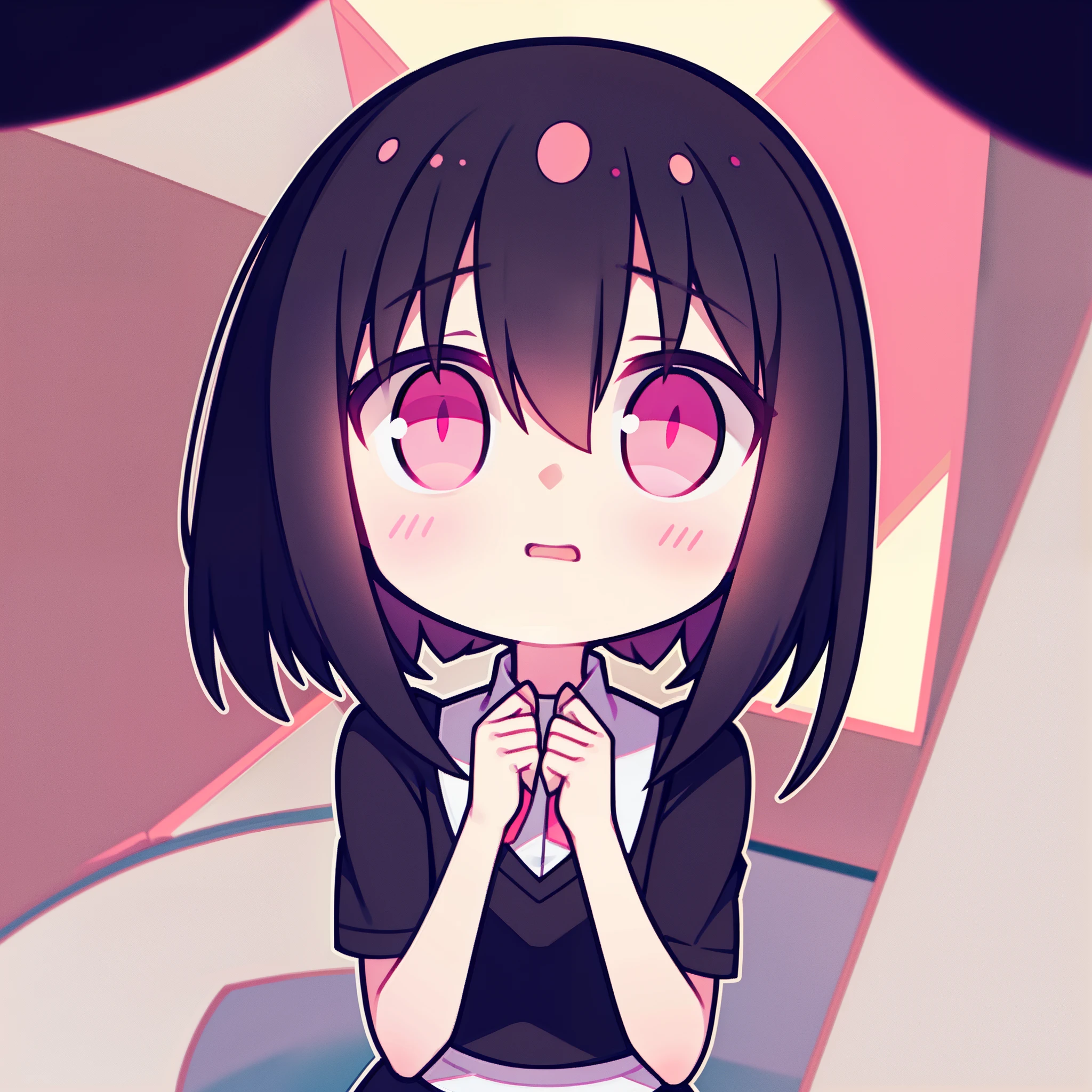 A girl，Dark black hair，Pink eyes，white short sleeve，black short skirt，grieves，Poor eyes