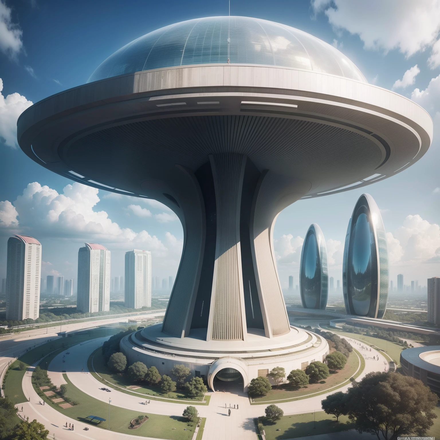 Futuristik, realistis, gedung di tengah kota, sejuk, indah asri, dengan desain oval, besar, tempat berkumpul dan nongkrong,