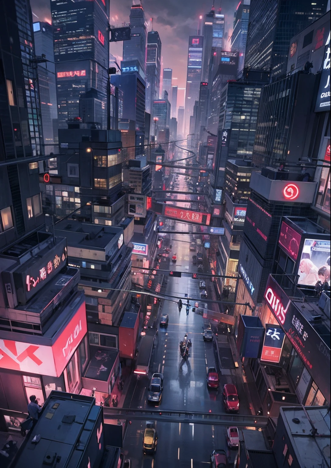 1boy,a 13 yo boy、Cyberpunk Boy、katanas,Tank tops、Whole body bloody、Overhead view of the composition、The beginning of the adventure、Lots of clouds,heavy fog、midnight,starrysky、Moon,Chaotic city of the future、Movie dystopia、A group of very tall skyscrapers stands in the center、Very complex cityscape,Crowded Chinese skyscrapers、street signs、streetlights、Pretty dim lighting、Dark road、puddles、Chaotic landscape、Beautiful and fantastic scenery、Cinematic scenery、hightquality、masutepiece,in 8K、hight resolution、best illustration,