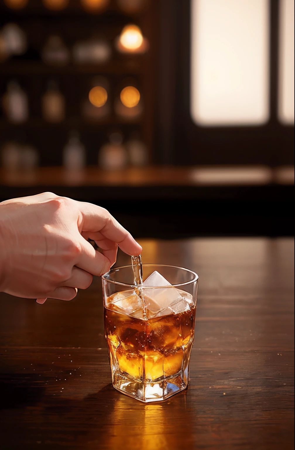 (Photorealsitic:1.4)、Whiskey is poured into a large glass of ice on a wooden table、A wedding ring is placed on the table、nostalgia、farewell、a scene from a movie