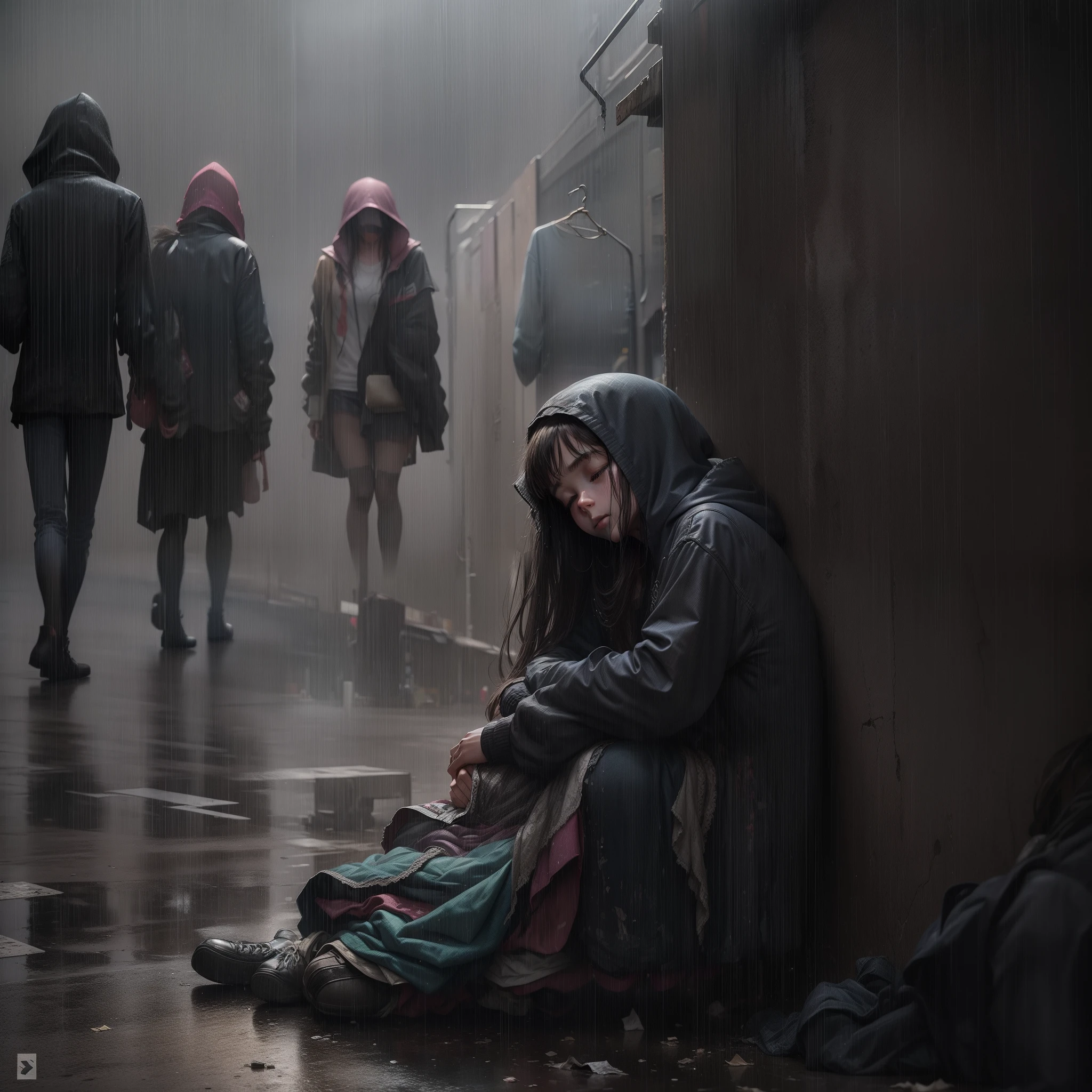 A poor street girl getting help as people pass her and the rain falls on her clothes in pieces