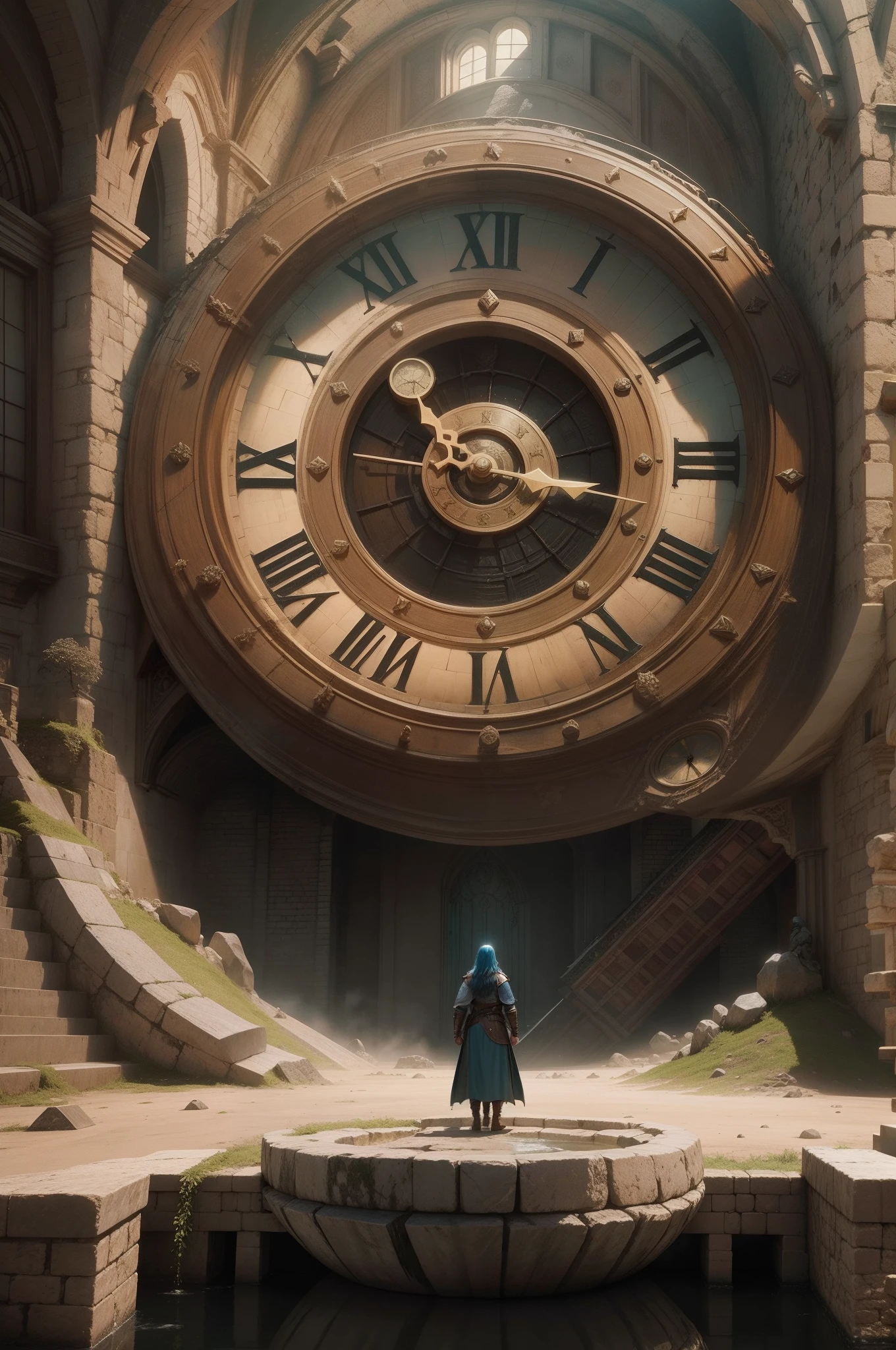 Three gigantic crystals at the base of the clock in front of the young warrior. One crystal is green, another is yellow, and another is blue. Surreal Immersion: Uma Retrato pintado de Henry Nobody:1.3, Apenas um:1.6-Dragon, Solo-dragon:1.4, Capa ultra realista, realista, Photographic quality , Lord of the Rings Style, Estilo Game of Thrones, qualidade cinema, with title:1.7, (( The title is in Portuguese Brazilian is literally the "os ) takes viewers on a fascinating journey through an alternate world full of dreamlike imagery and surreal elements.