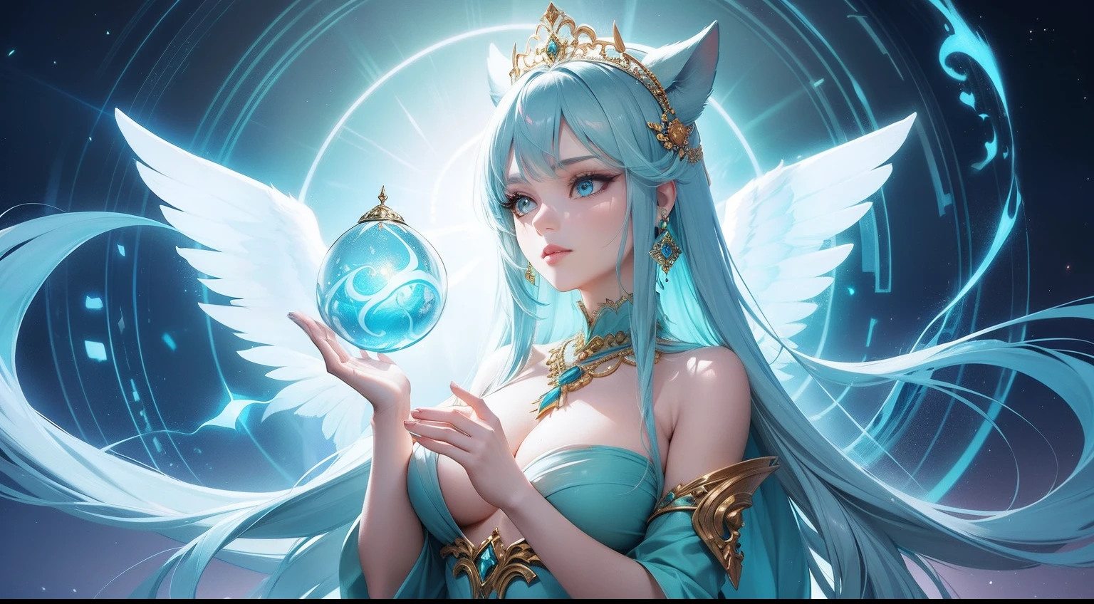 a beautiful exotic animal and a woman, she is wearing turquoise blue clothes, Goddess of Light, ethereal angelic being of light, emitting mystic light, glowing angelic being, glowing white aura, emanating magic from her palms, sacred feminine, mystic purity, spell of sacred flame, a stunning portrait of a goddess, goddess of love and peace, a woman holding an orb, beautiful goddess