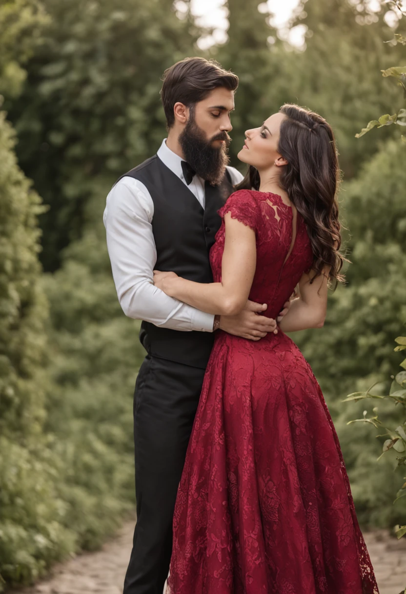 imagem arafed de um homem e uma mulher em um vestido vermelho, homem agarrando uma cintura de mulher, romantic couple, Directed by: Dimitre Manassiev Mehandjiysky, Directed by: Juan O'Gorman, Homem e mulher apaixonados, roupas de seda pretas e vermelhas, pose sedutora elegante, tocando suas roupas, pose apaixonada, usando um vestido vermelho, Seduzir