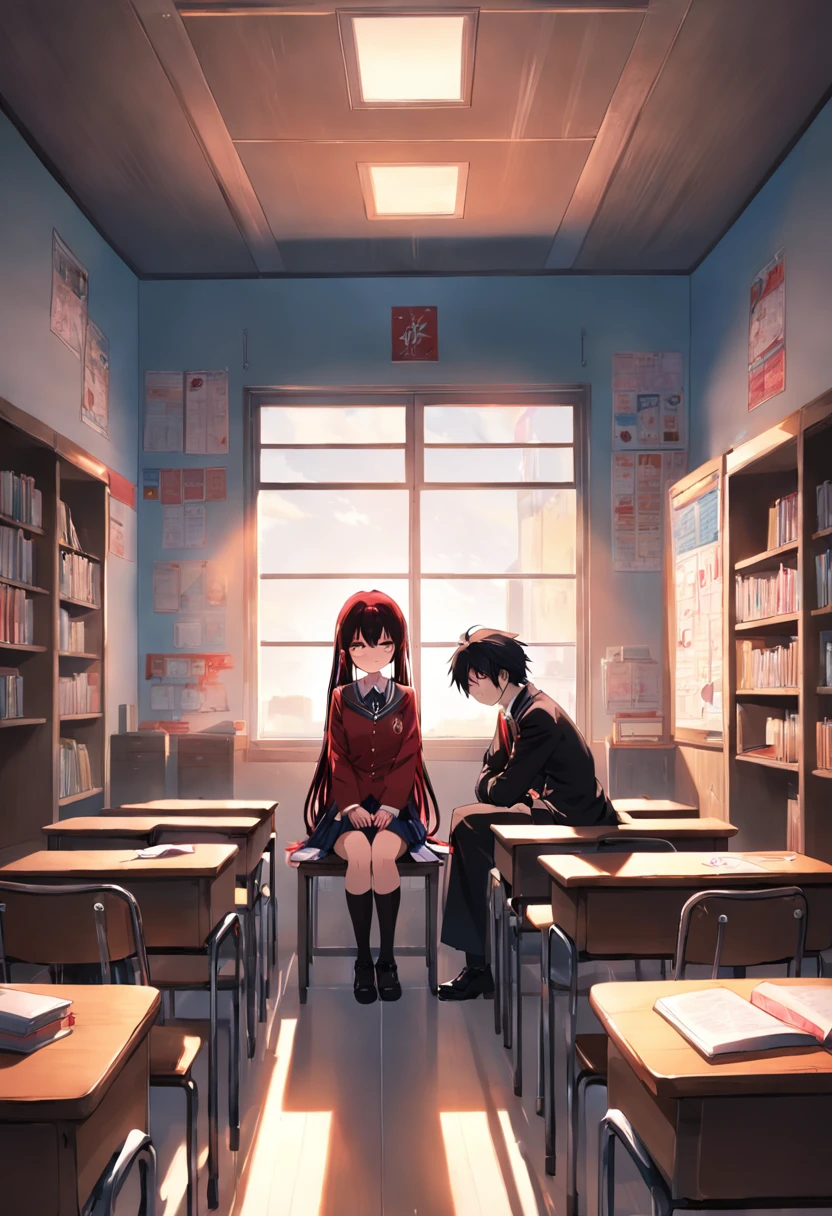 Long black and red hair of an anime girl sitting in a classroom in her school uniform,Sleep on the table,Next to it is a short black hair,Anime boy in school uniform,Two high school students had a stack of books in front of them,The sun is shining outside the window,