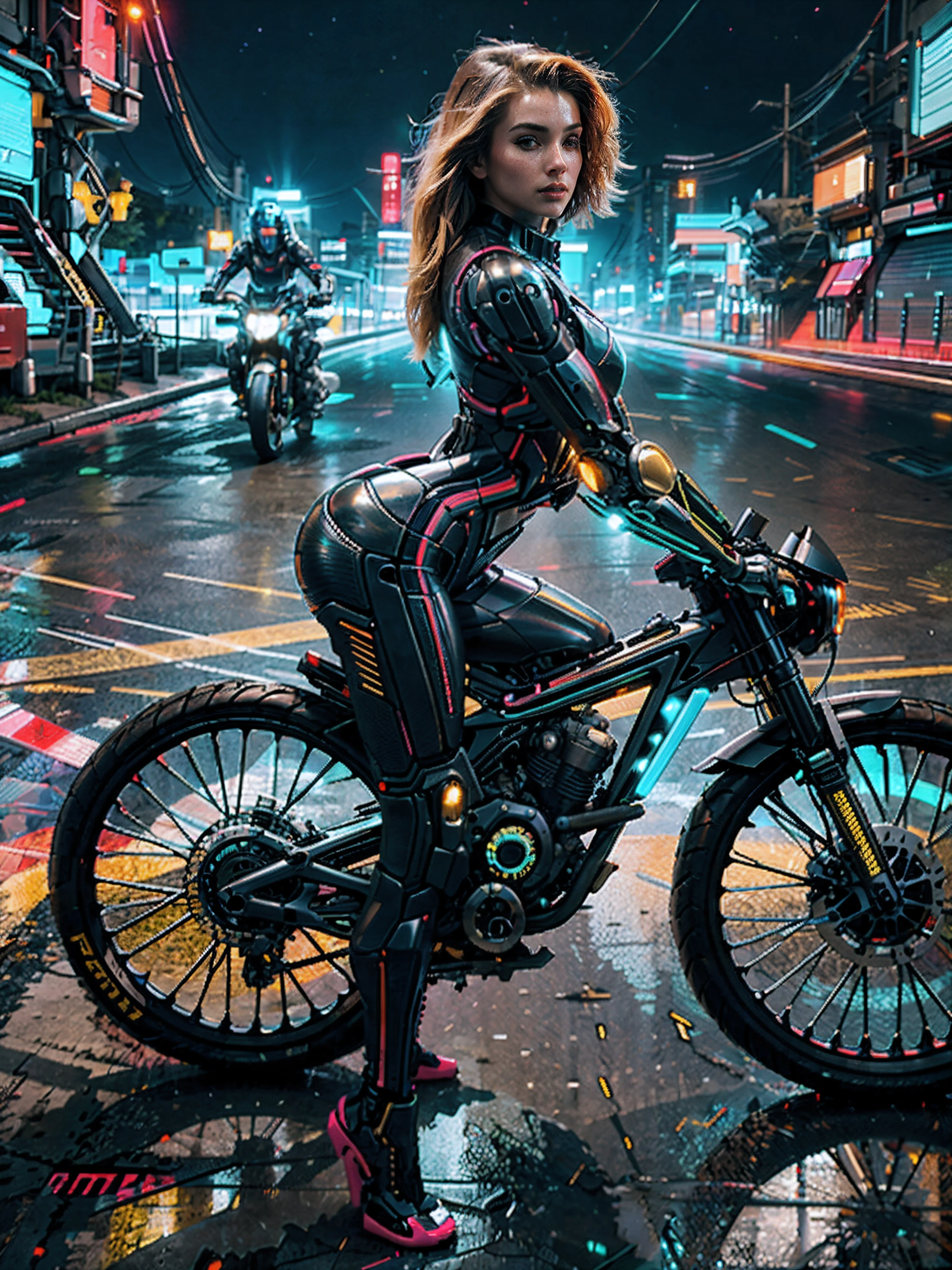 Araffe cyberpunk chica androide partes mecanicas por todo su cuerpo de alta tegnologia partes de cristal trasparentes con luces de neon , rubia de pelo largo con ojos azules, montando en superbike futurista con luces de neon estilo tron cibernetica con rudas muy anchas en en una ciudad cibernetica estilo tron, andar en moto,anda en moto futurista, 🐎🍑, Gran vista, al aire libre, realmente andando, photo , Vistas  laterales, riding, 21-year-old, Postura lateral, encima,